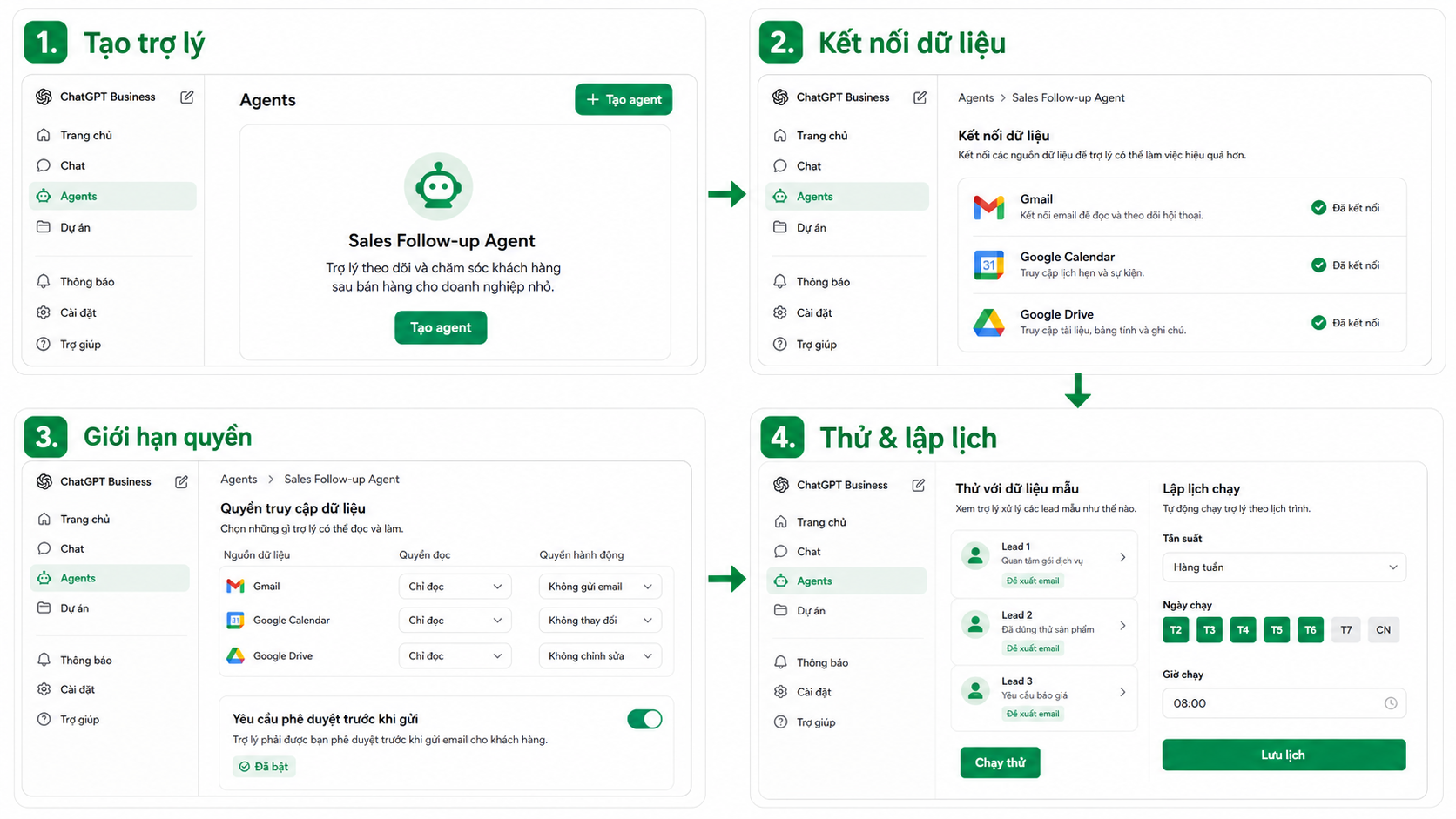 Giao diện minh họa ChatGPT Business với Trợ lý bán hàng và các app