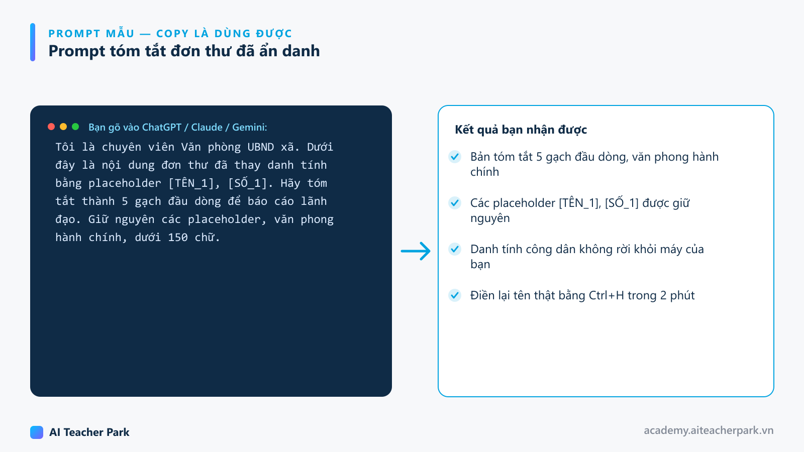 Ảnh minh họa prompt nhờ AI tóm tắt đơn thư đã ẩn danh hoá bằng placeholder