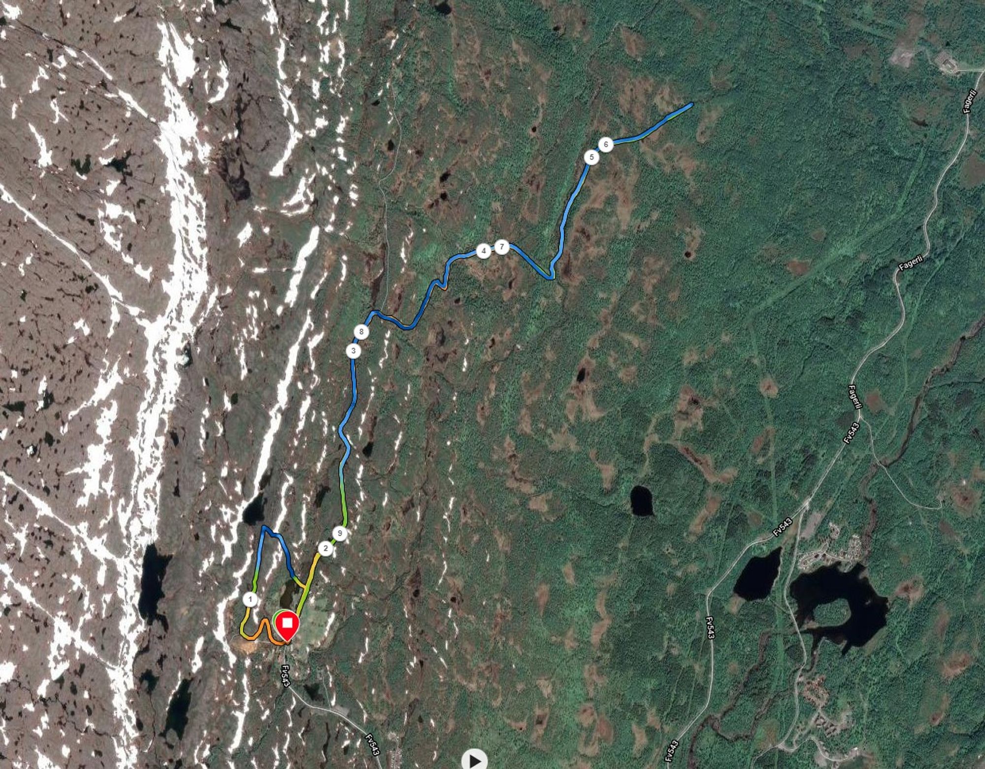 Kart over løypa, 9,5 kilometer fjelløp