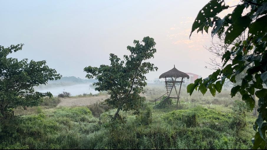 a small hut is sitting in the middle of a grassy field .