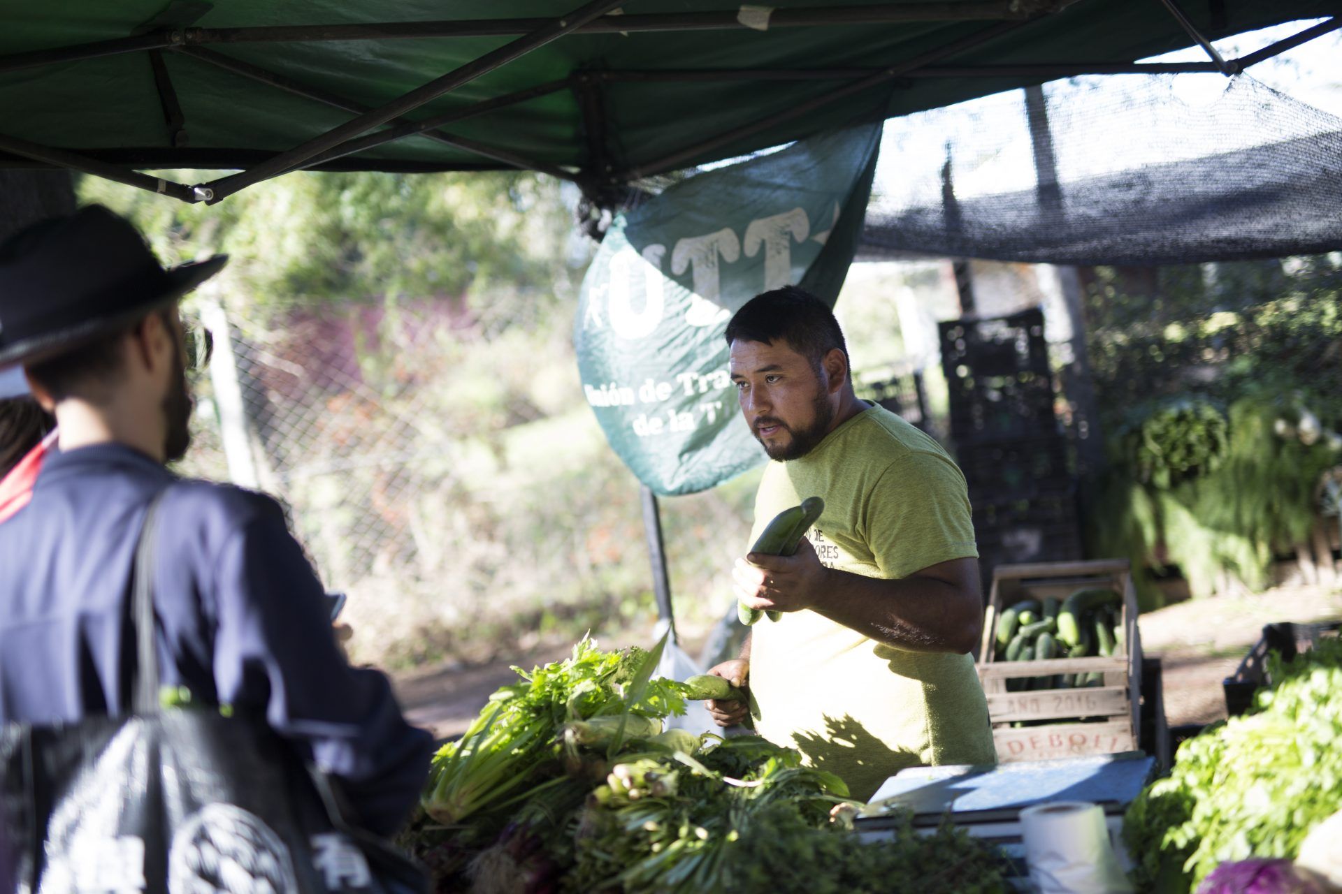 en man säljer grönsaker på en bondmarknad.