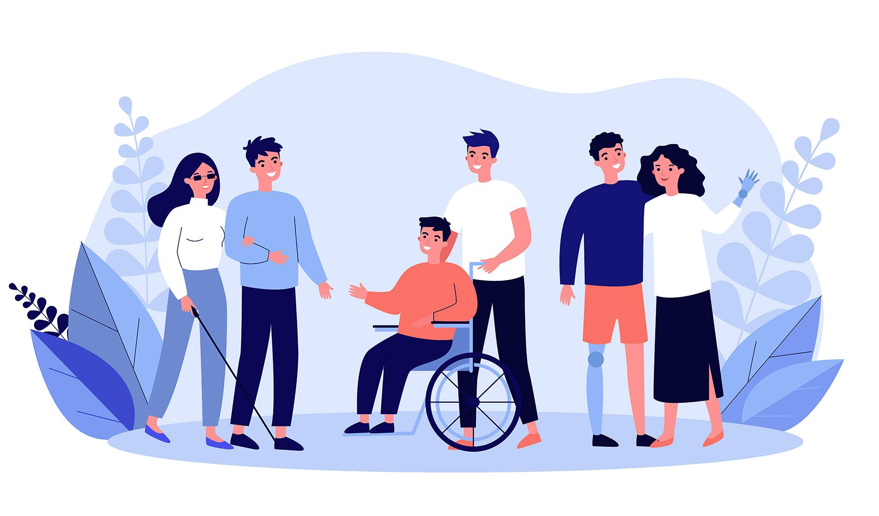 Illustration of people with disabilities that depend on the accessibility of an ADA compliant website.