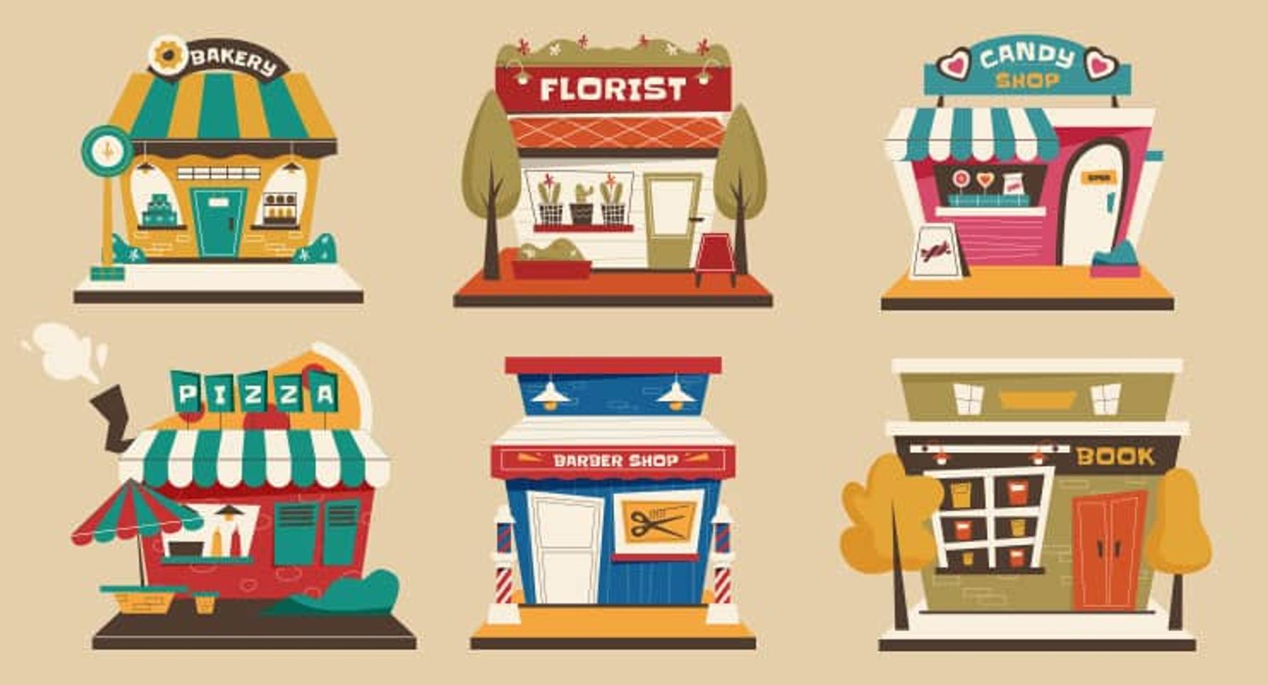 Drawings of different types of local businesses