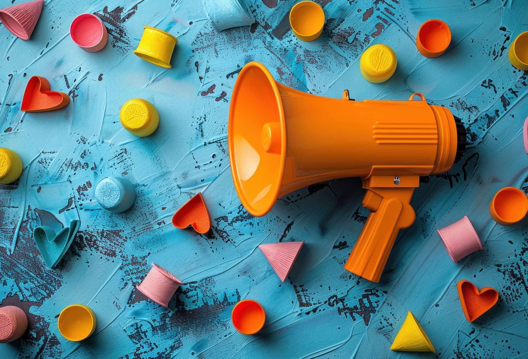 Rendering of a megaphone and small items representing how good technical seo can bring more visibility to your website content.