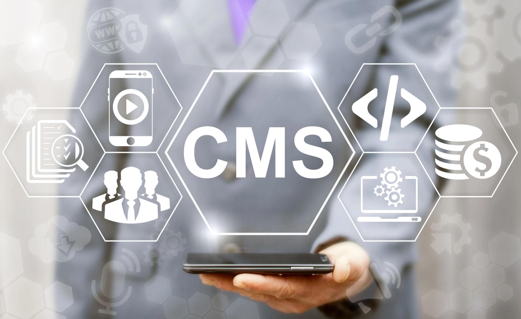 graphic showing different icons floating around a CMS icon