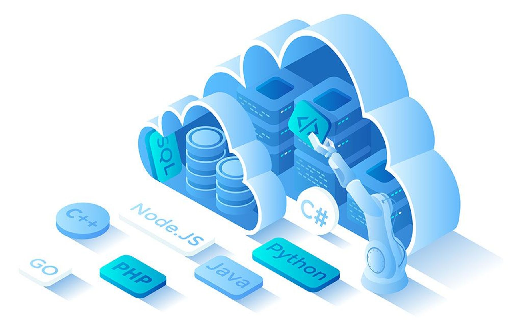 Illustration of a clouds and the languages commonly associated with the back end development process.