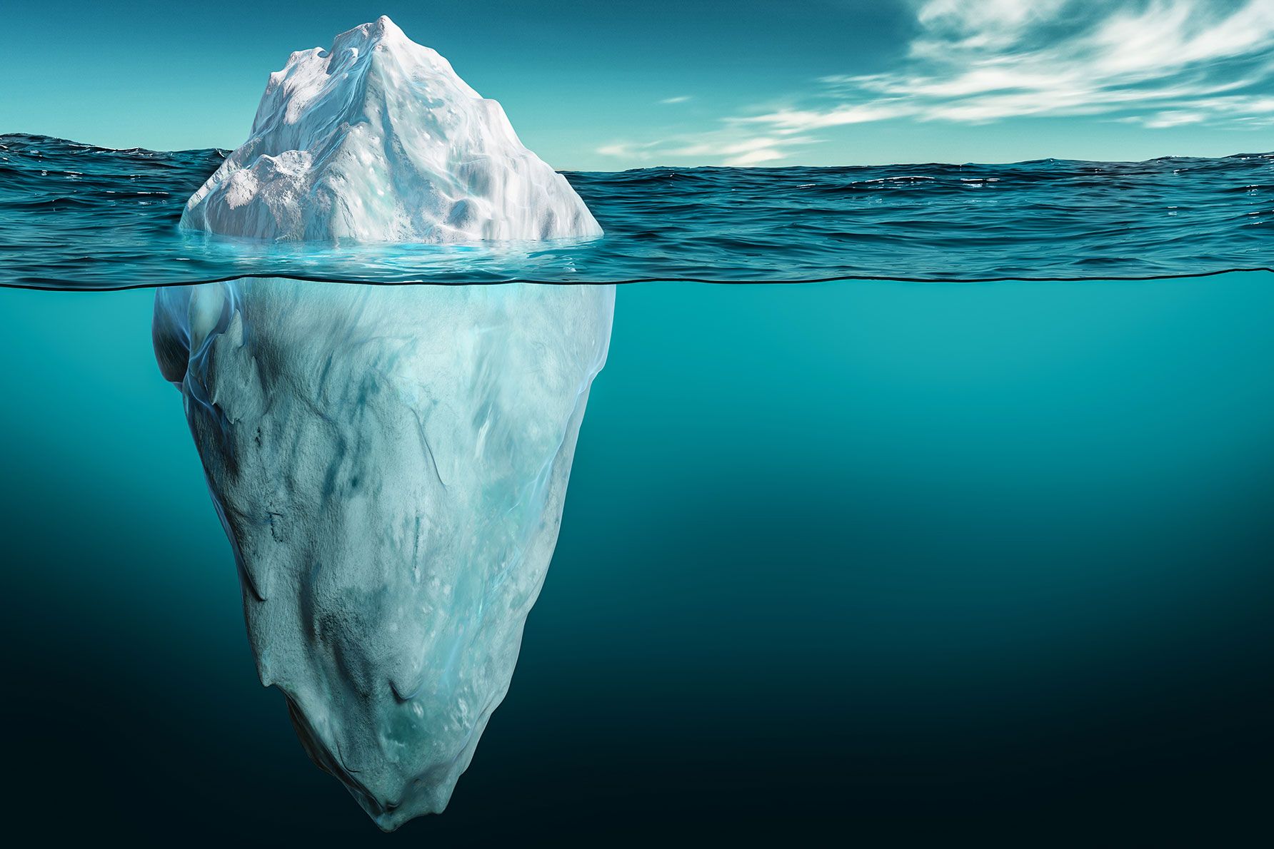 View of an iceberg below and above the surface representing the hidden costs of using a free website builder.