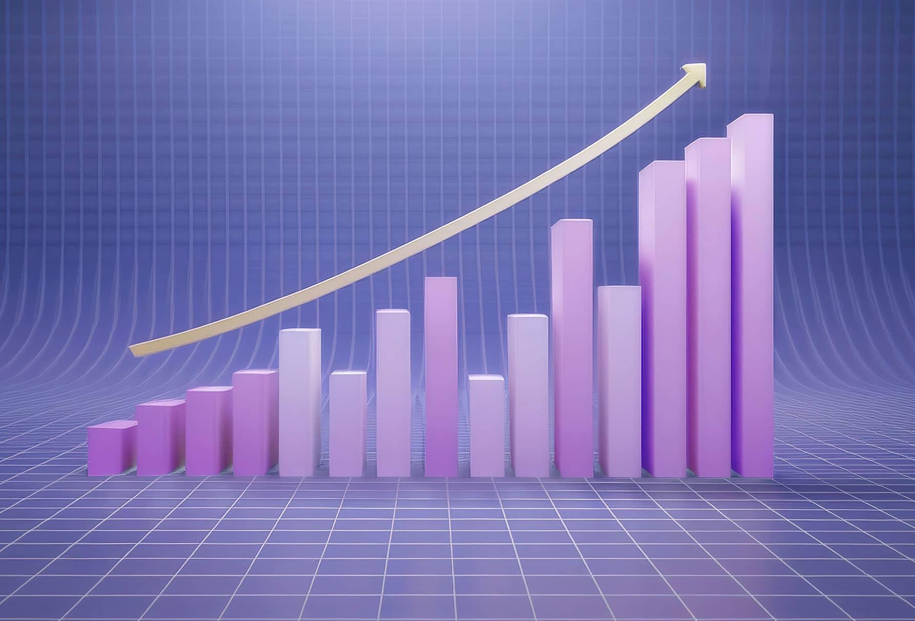 Rendering of a bar graph with an increasing trend representing how good technical seo can affect website performance.