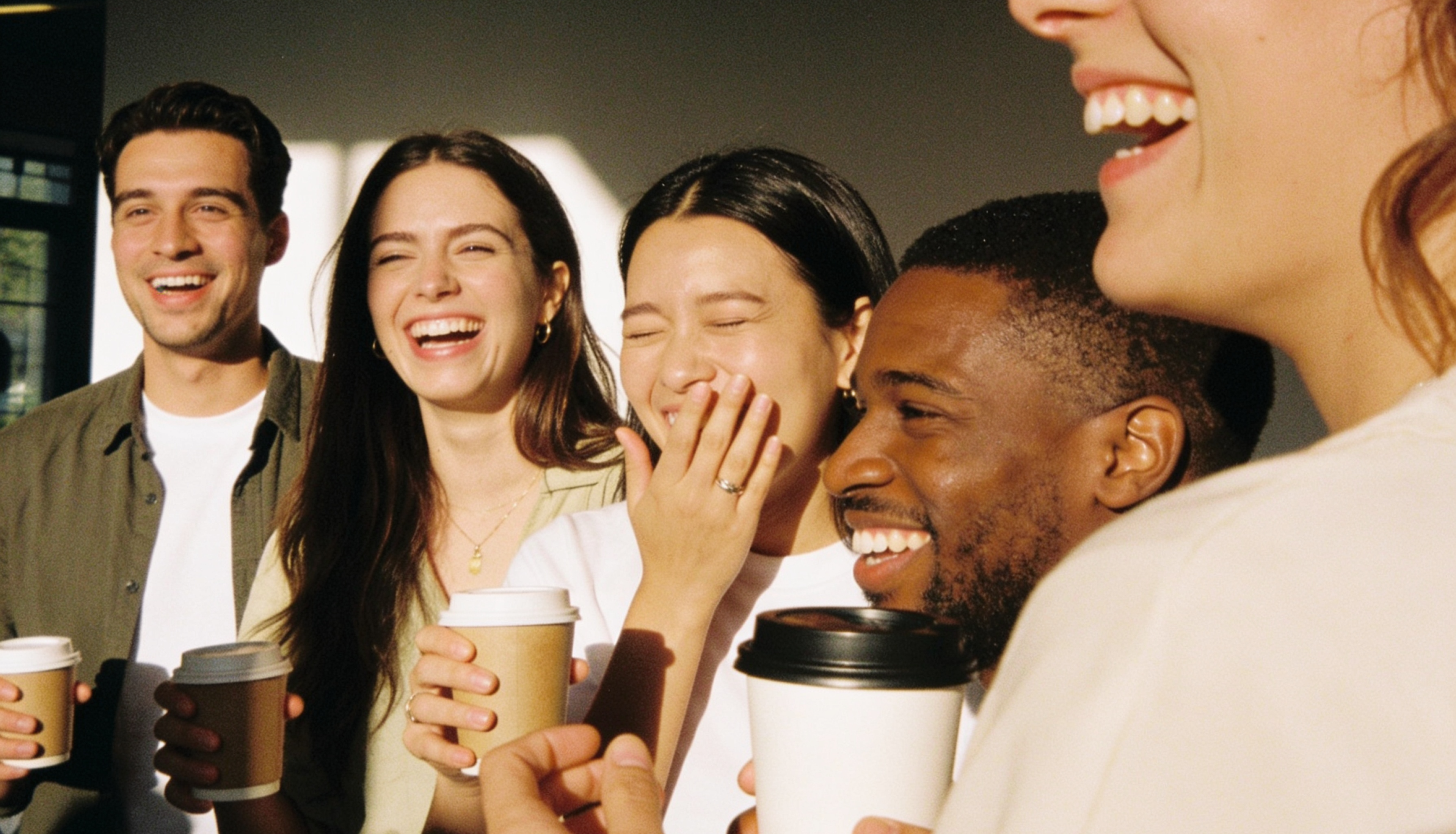 Five people stand close together, smiling and laughing, each holding a coffee cup. Sunlight streams in, casting warm light and shadows across their faces, creating a cheerful, friendly atmosphere.