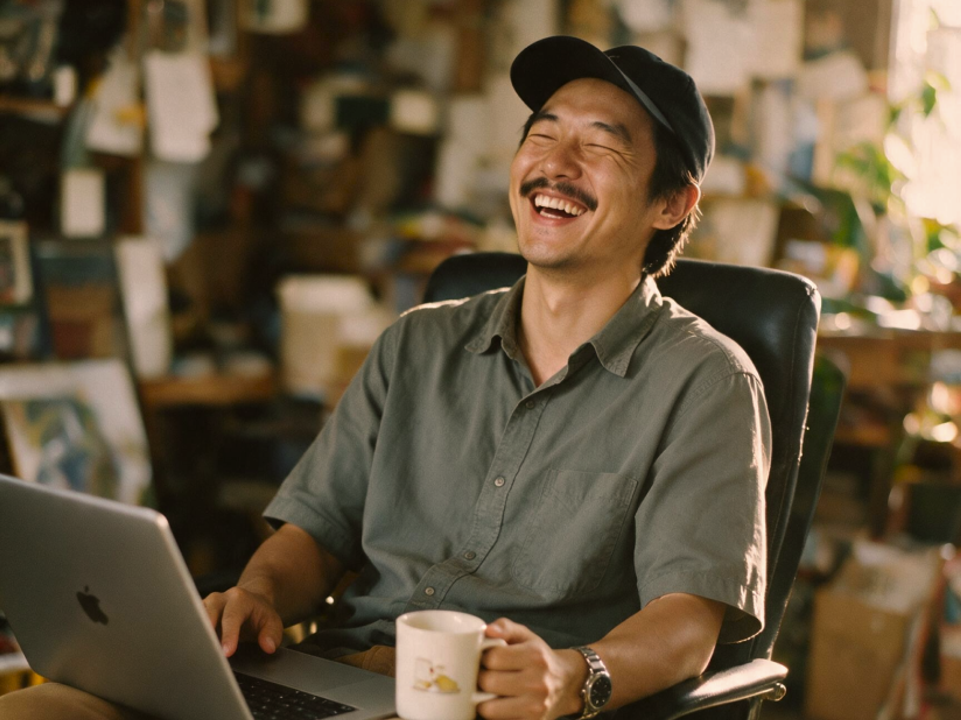 A man in a gray shirt and black cap laughs while sitting in an office chair, holding a coffee mug and working on a laptop in a cozy, cluttered room with soft lighting.