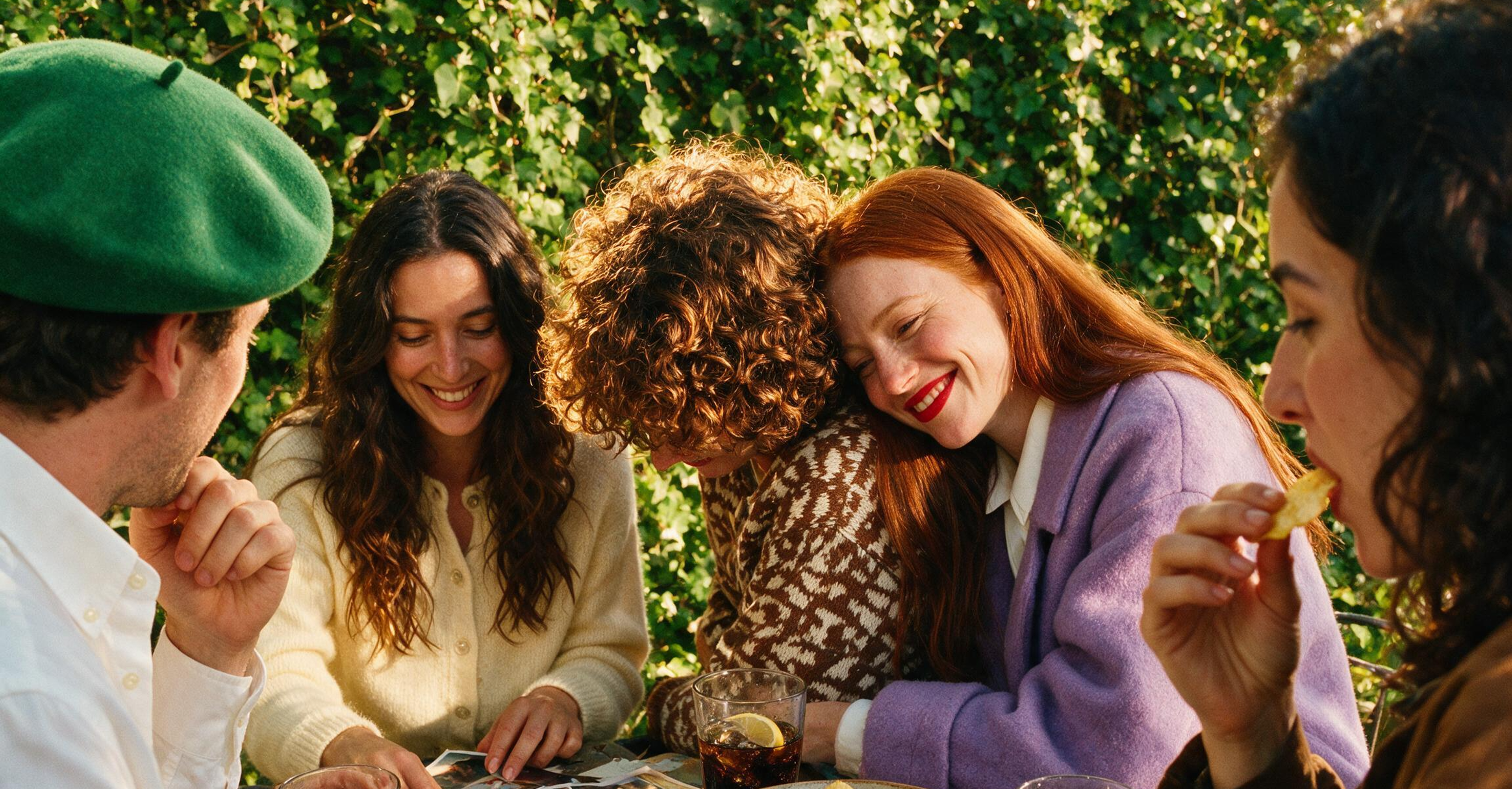 Five people sit around a table outdoors, smiling and laughing together. One woman in a purple coat leans her head on anothers shoulder. Green ivy forms the background. Snacks and drinks are on the table.