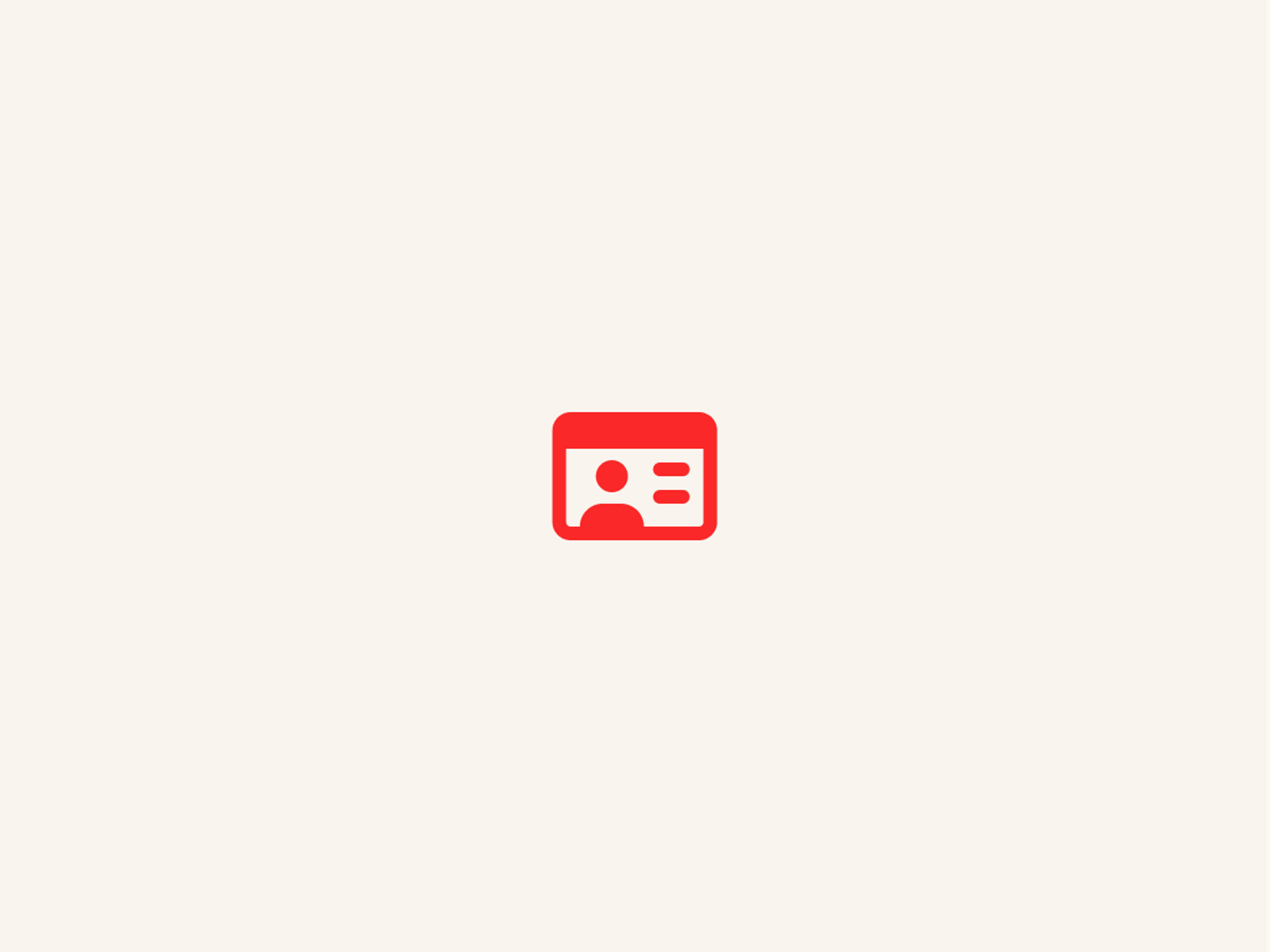 A small red icon centered on a beige background, depicting a simple ID card with a person silhouette on the left and two horizontal lines on the right, representing text lines.