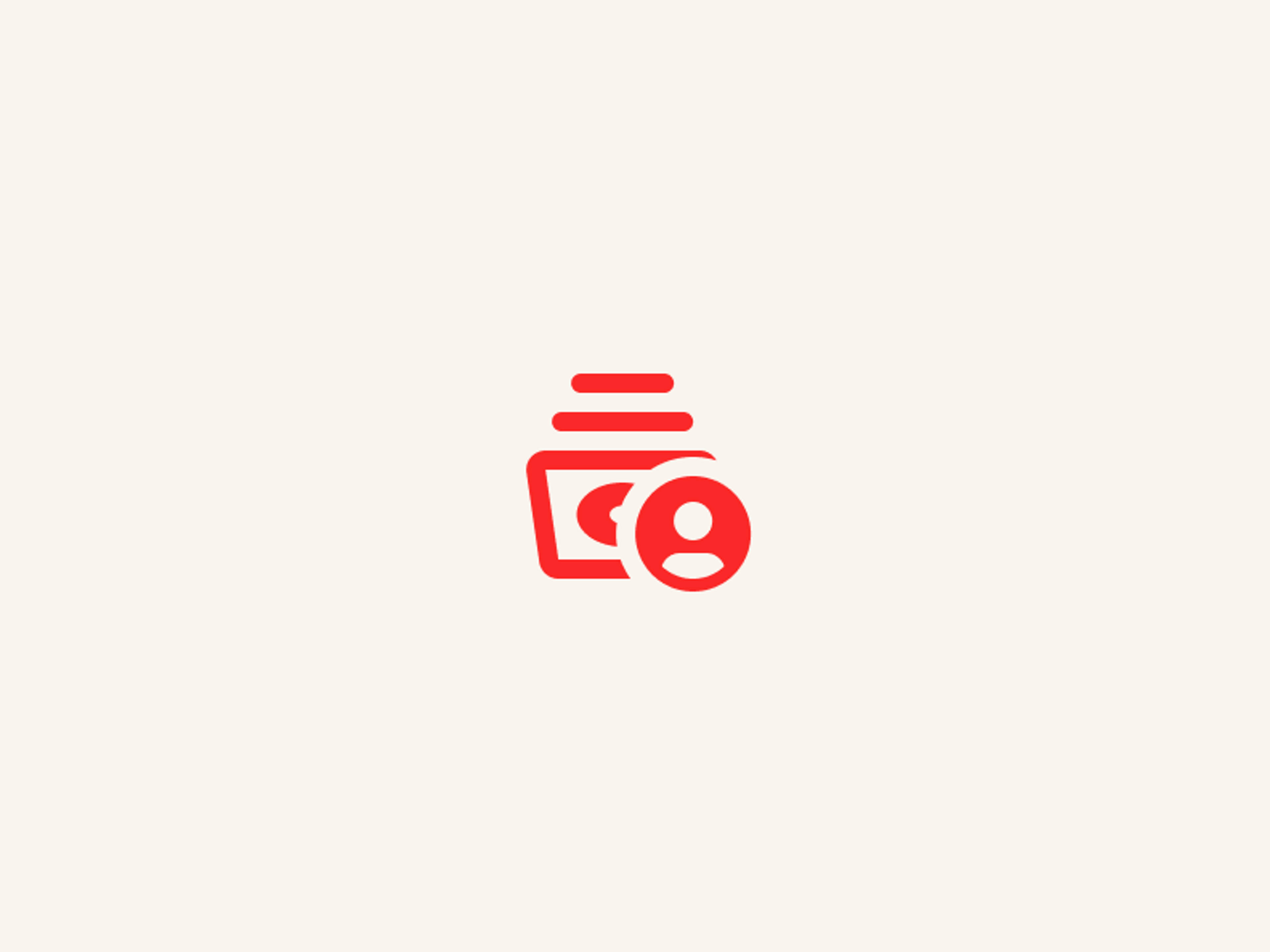 Red icon of a stack of photos with a user avatar symbol in front, centered on a pale background.