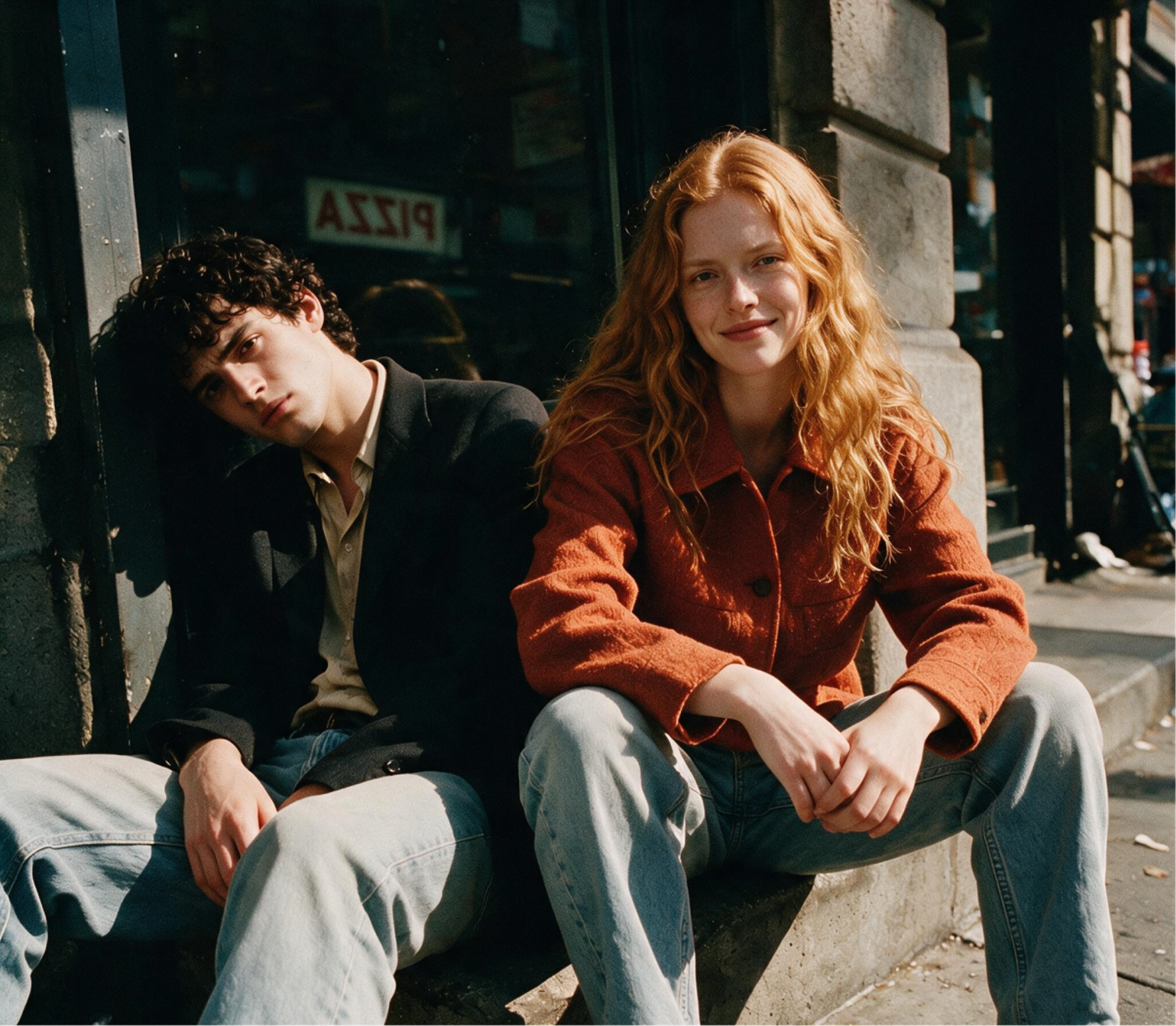 Two young adults sit on an urban sidewalk; one with curly dark hair leans against a wall, while the other, with long red hair, smiles at the camera. Both wear casual clothes. A PIZZA sign is visible in the background.