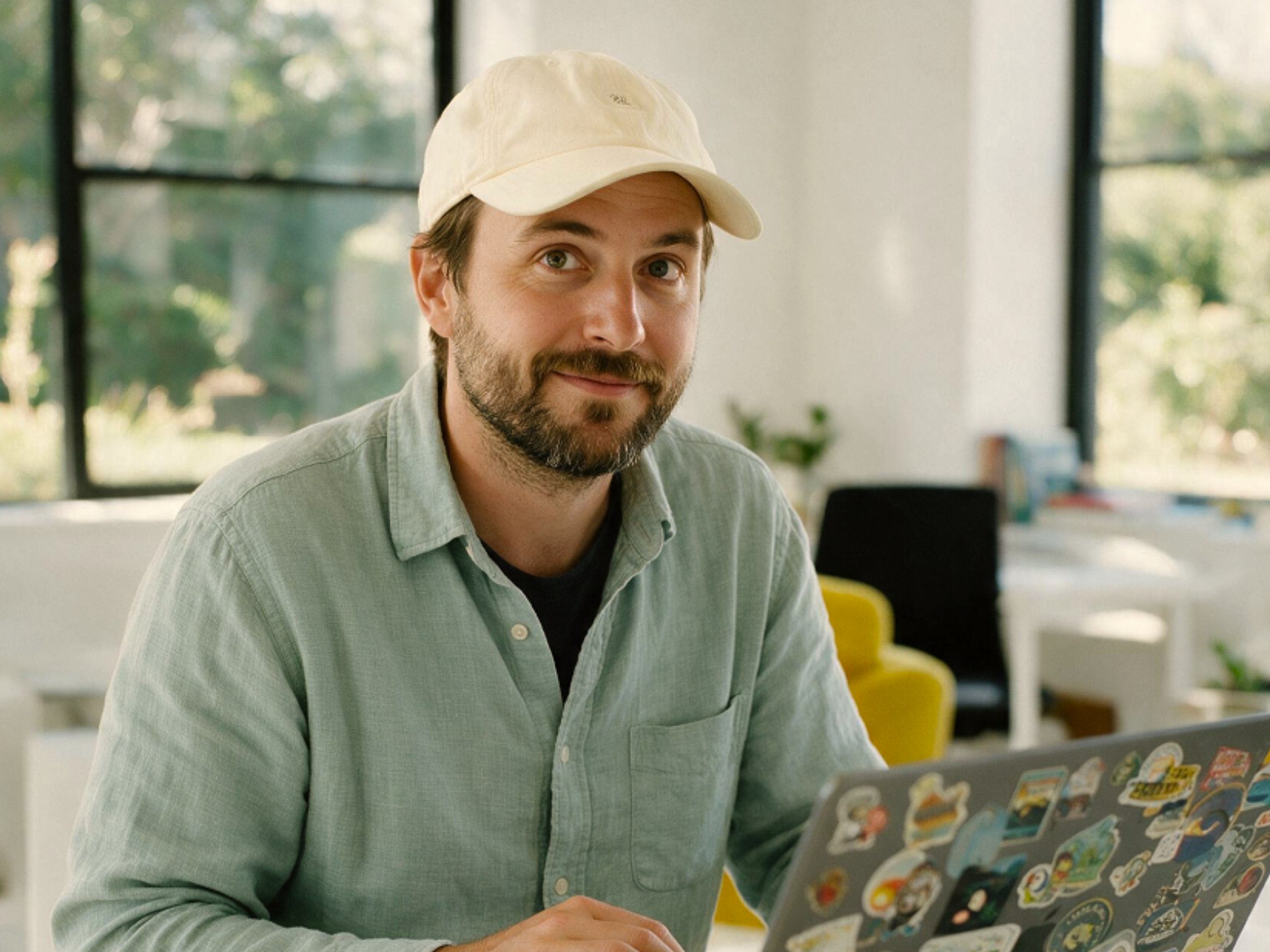 Man with a beard wearing a beige cap and light green shirt sits at a desk with a sticker-covered laptop, smiling at the camera in a bright office with large windows and yellow chairs.