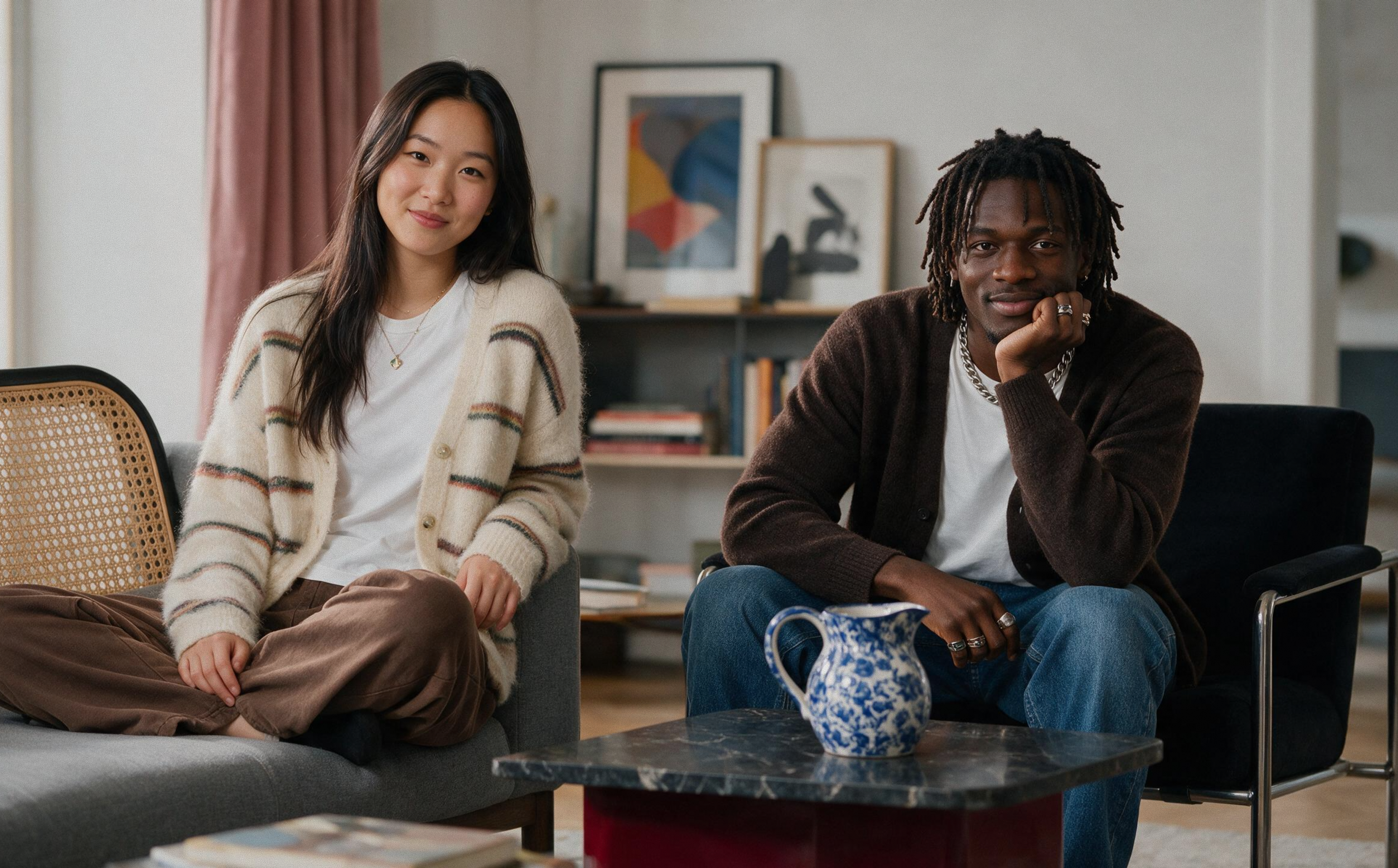 Two people sit indoors on chairs, smiling at the camera. The room has artwork, bookshelves, and a blue-patterned pitcher on a table between them. Both wear casual, cozy outfits.