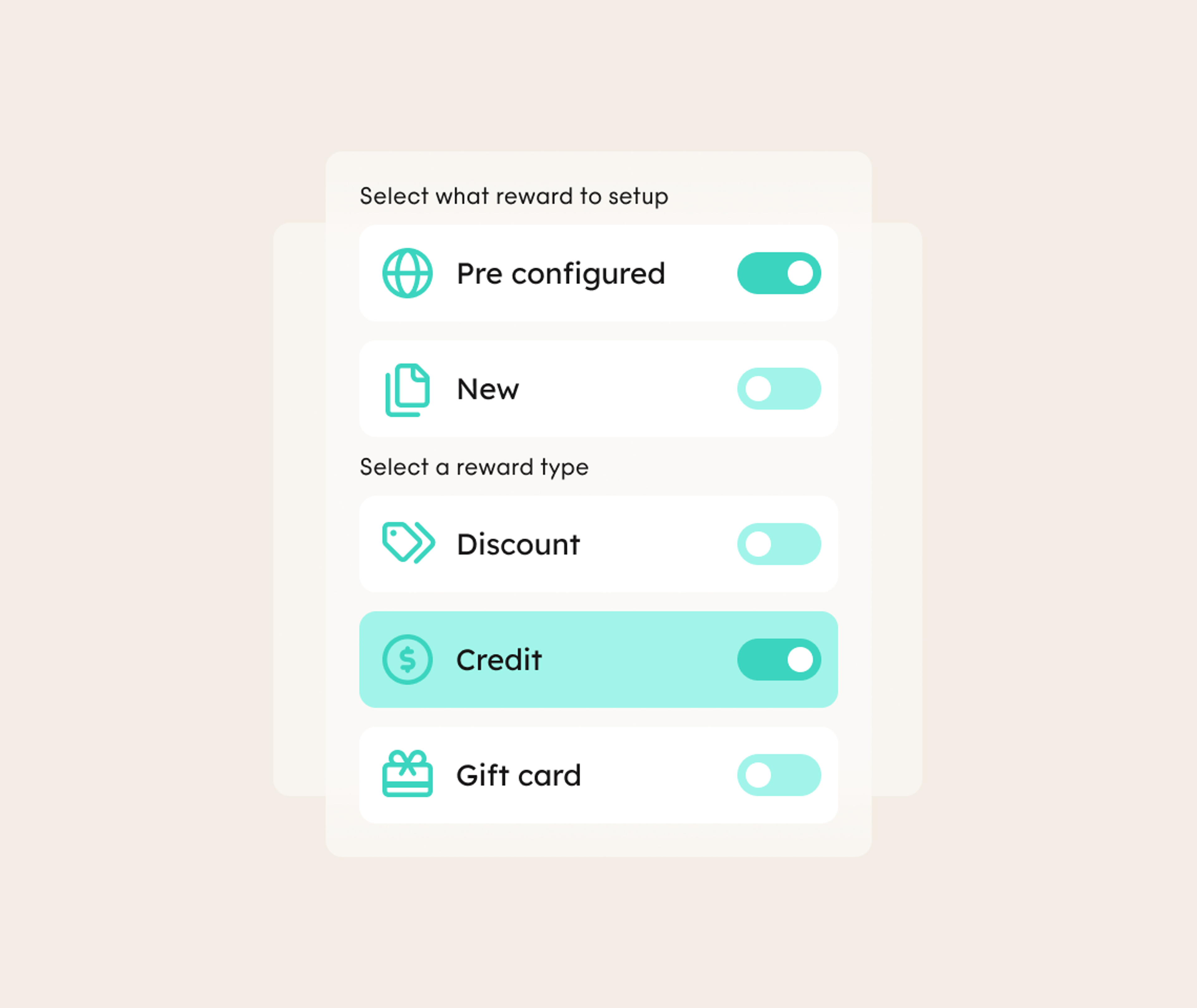 A digital interface showing toggles for reward setup options: Pre configured, New, Discount, Credit (selected), and Gift card. The credit option is highlighted in blue.
