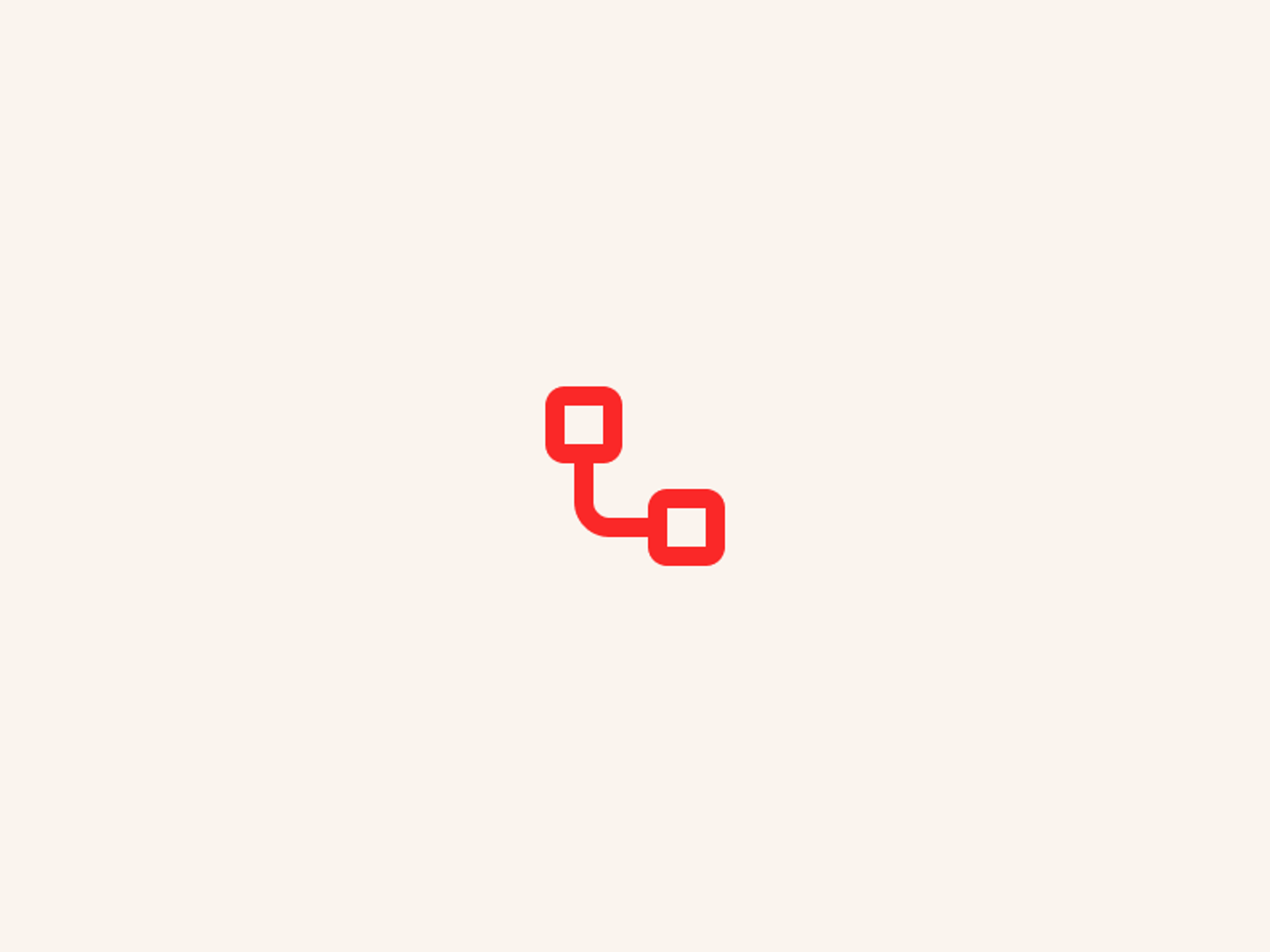 A minimalist icon with two red squares connected by a short red line, centered on a light beige background.