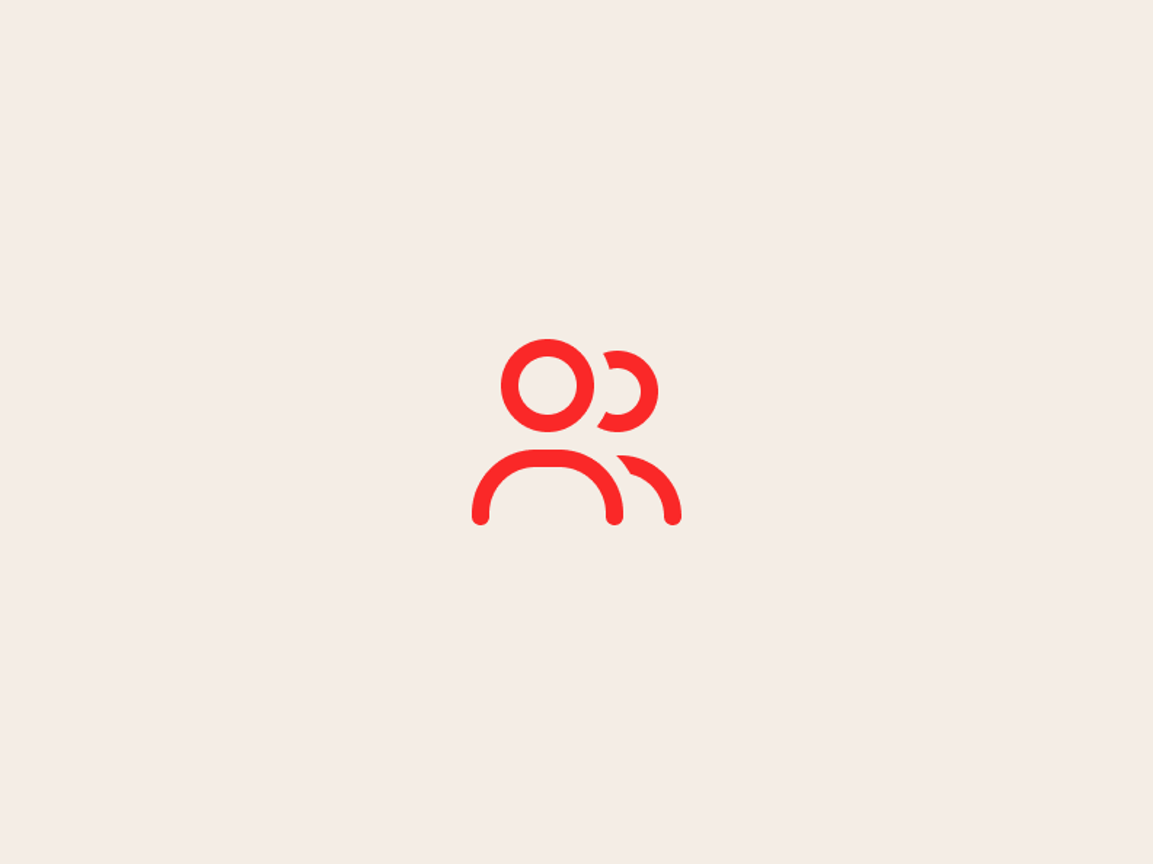 Red simple icon of two people on an off-white background, representing a group or team.