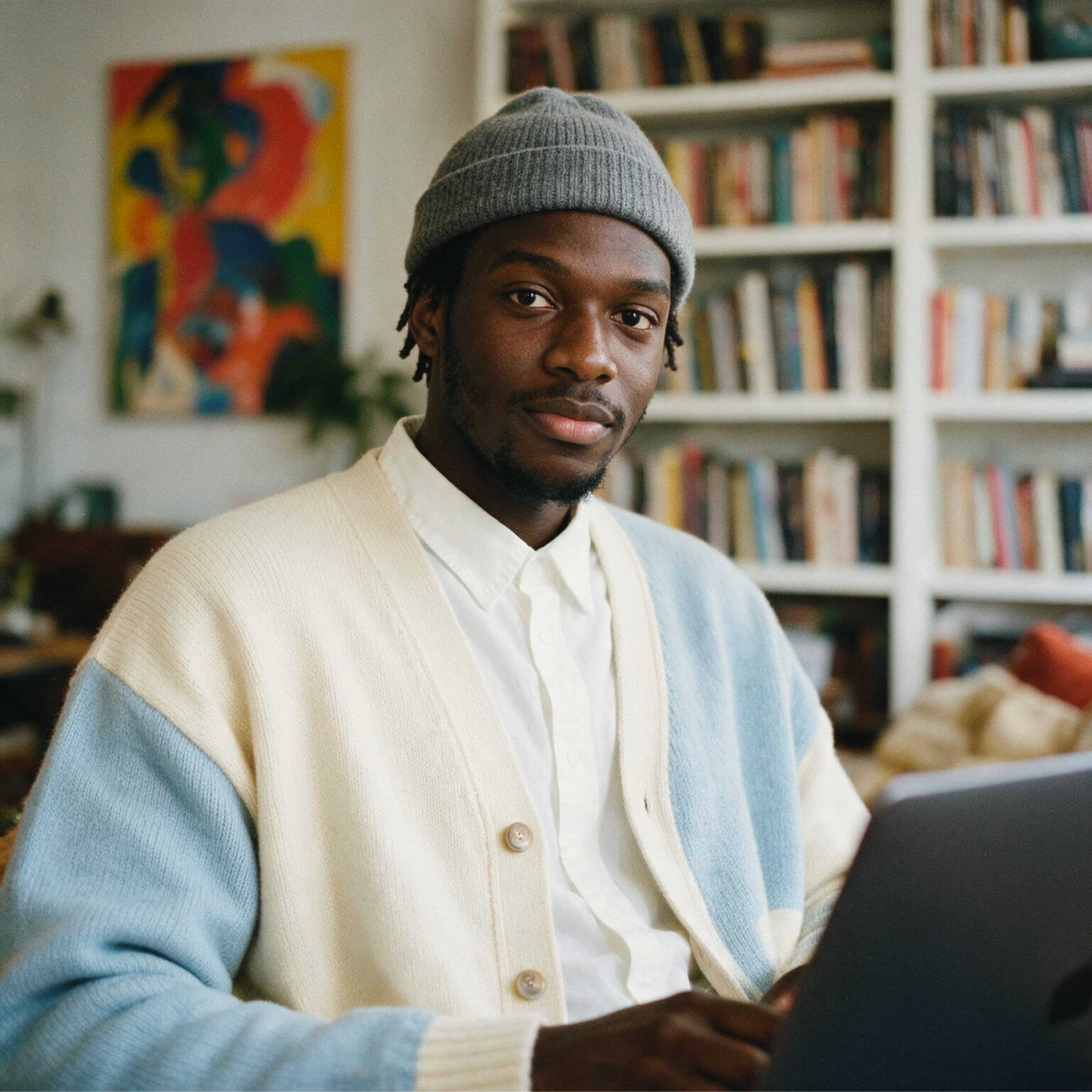 A person wearing a gray beanie and a blue and white cardigan sits with a laptop, looking at the camera. Bookshelves and a colorful painting are visible in the background.