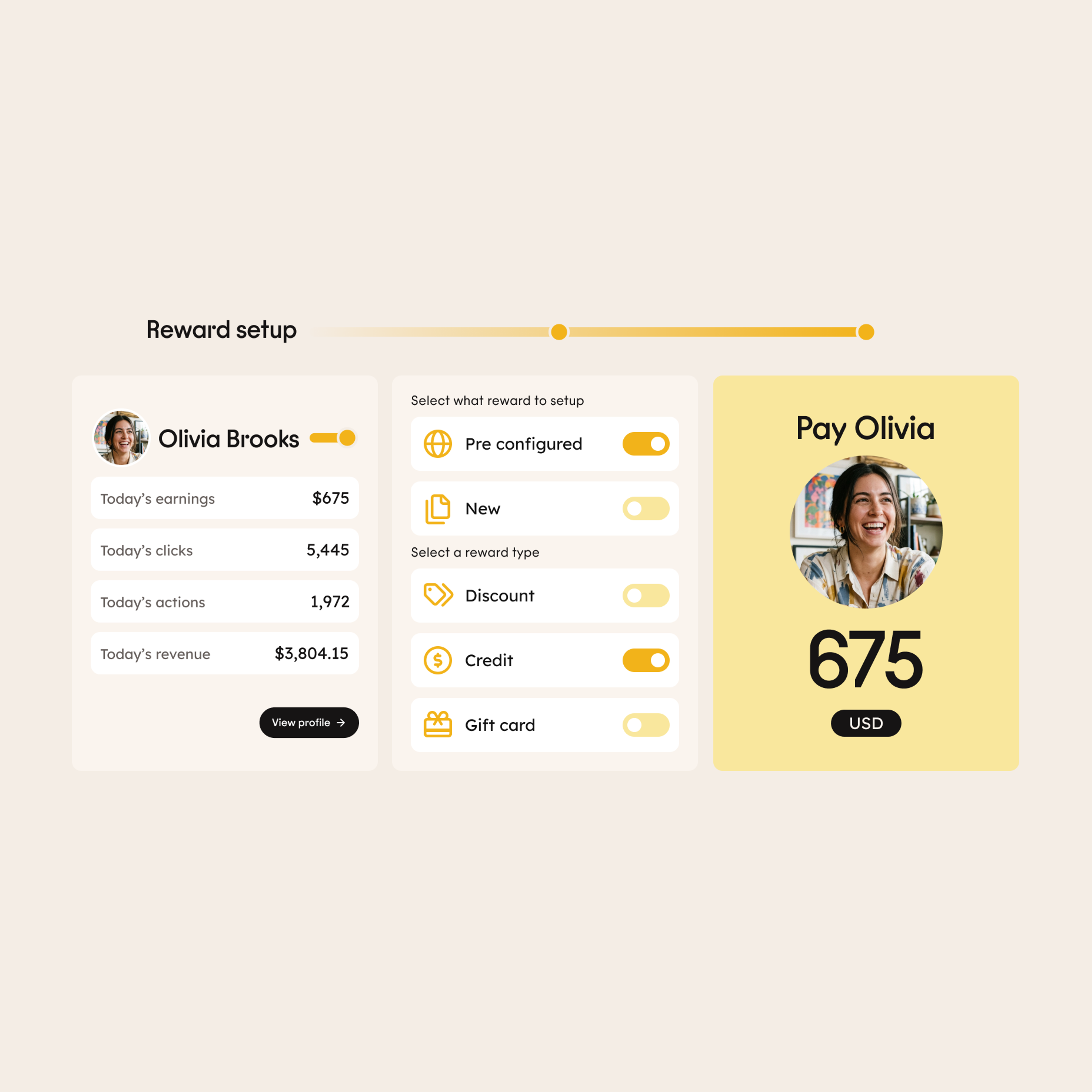 Dashboard showing Olivia Brooks earnings and activity stats, options to set up rewards like discount or gift card, and a highlighted section to pay Olivia $675 USD, with her photo displayed.