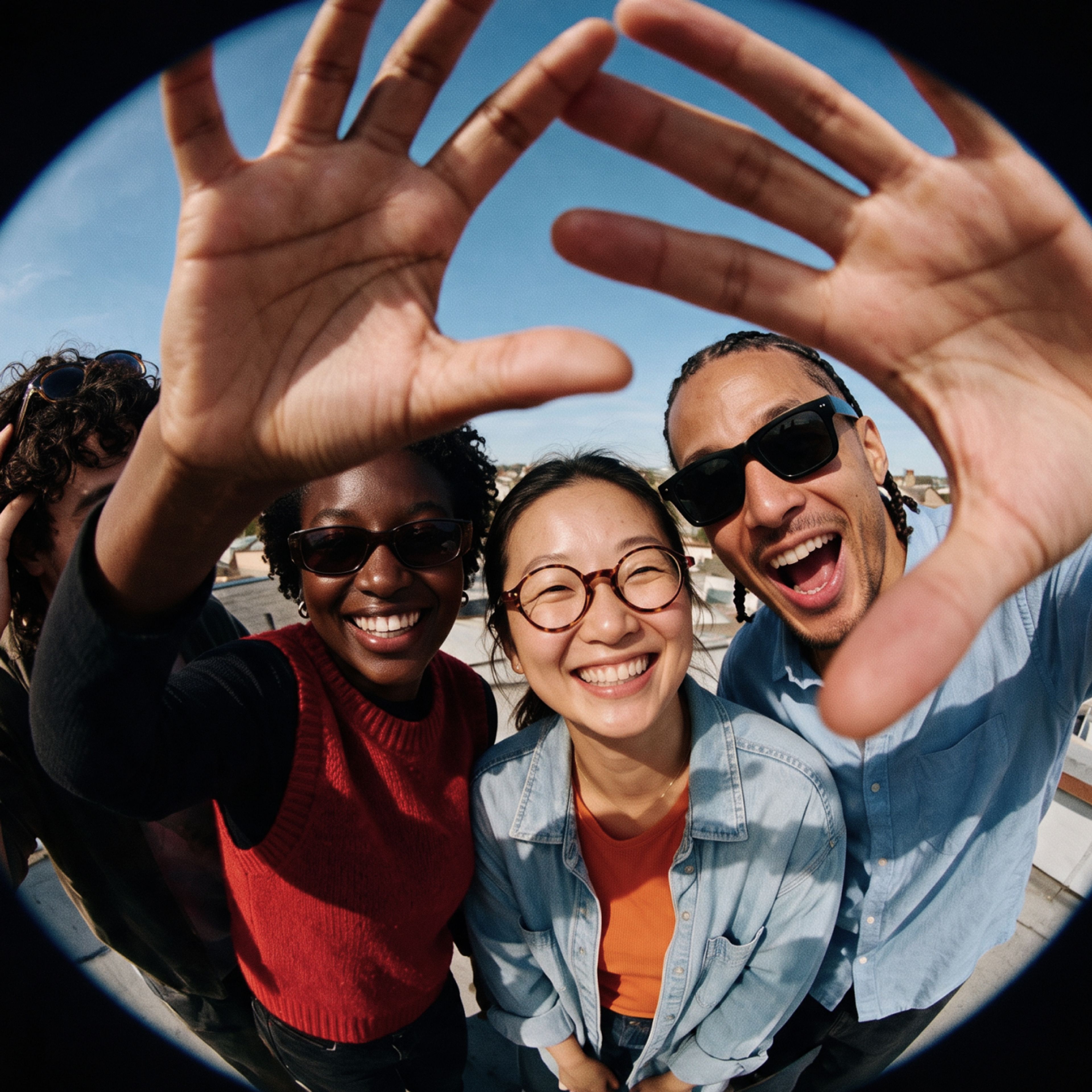 Three friends smile and laugh at the camera outdoors under a blue sky. One person holds their hands up toward the lens, creating a playful, circular frame effect around the group.