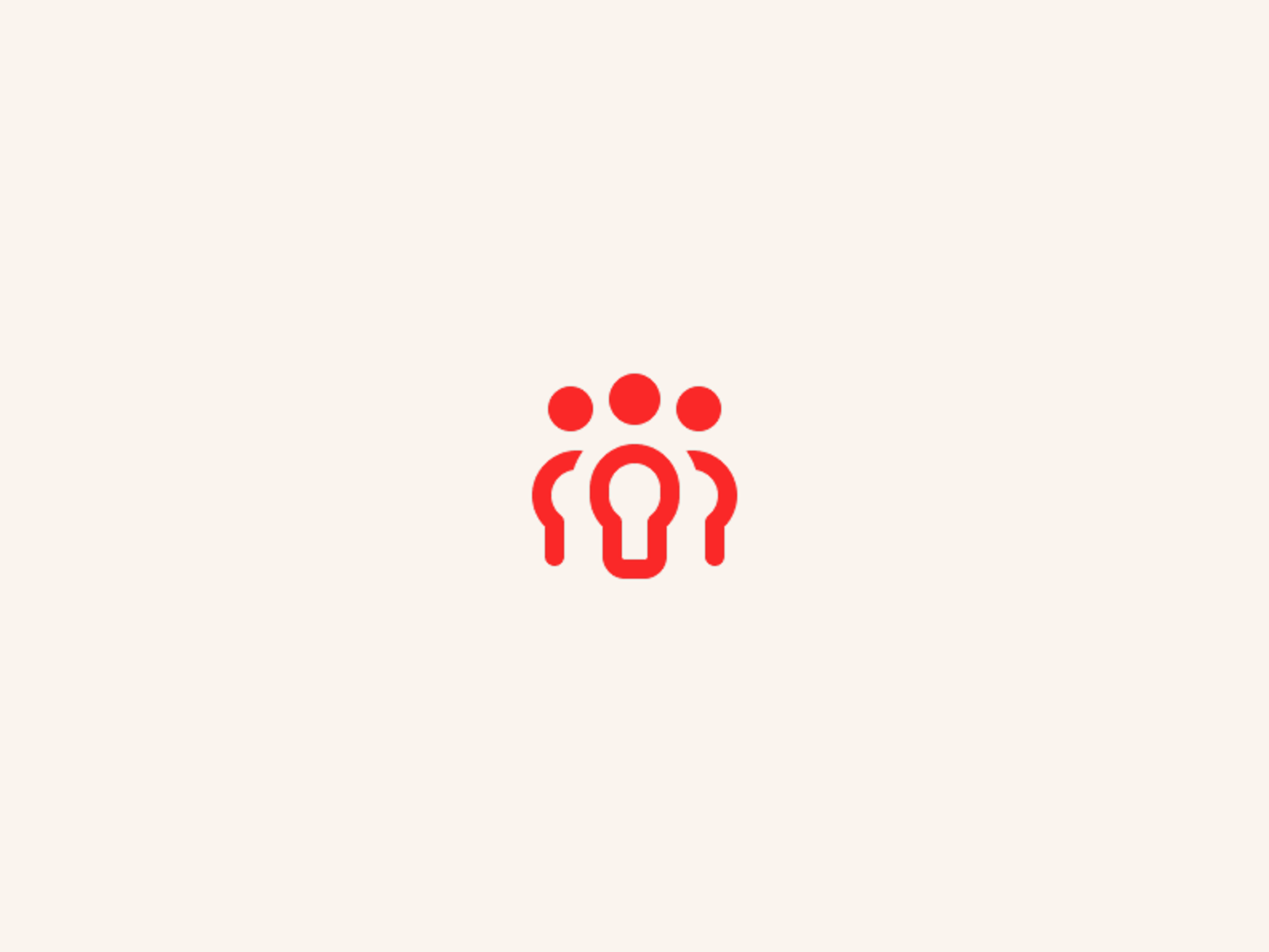 A red icon of three abstract people, with the central figure designed like a keyhole, on a light beige background.