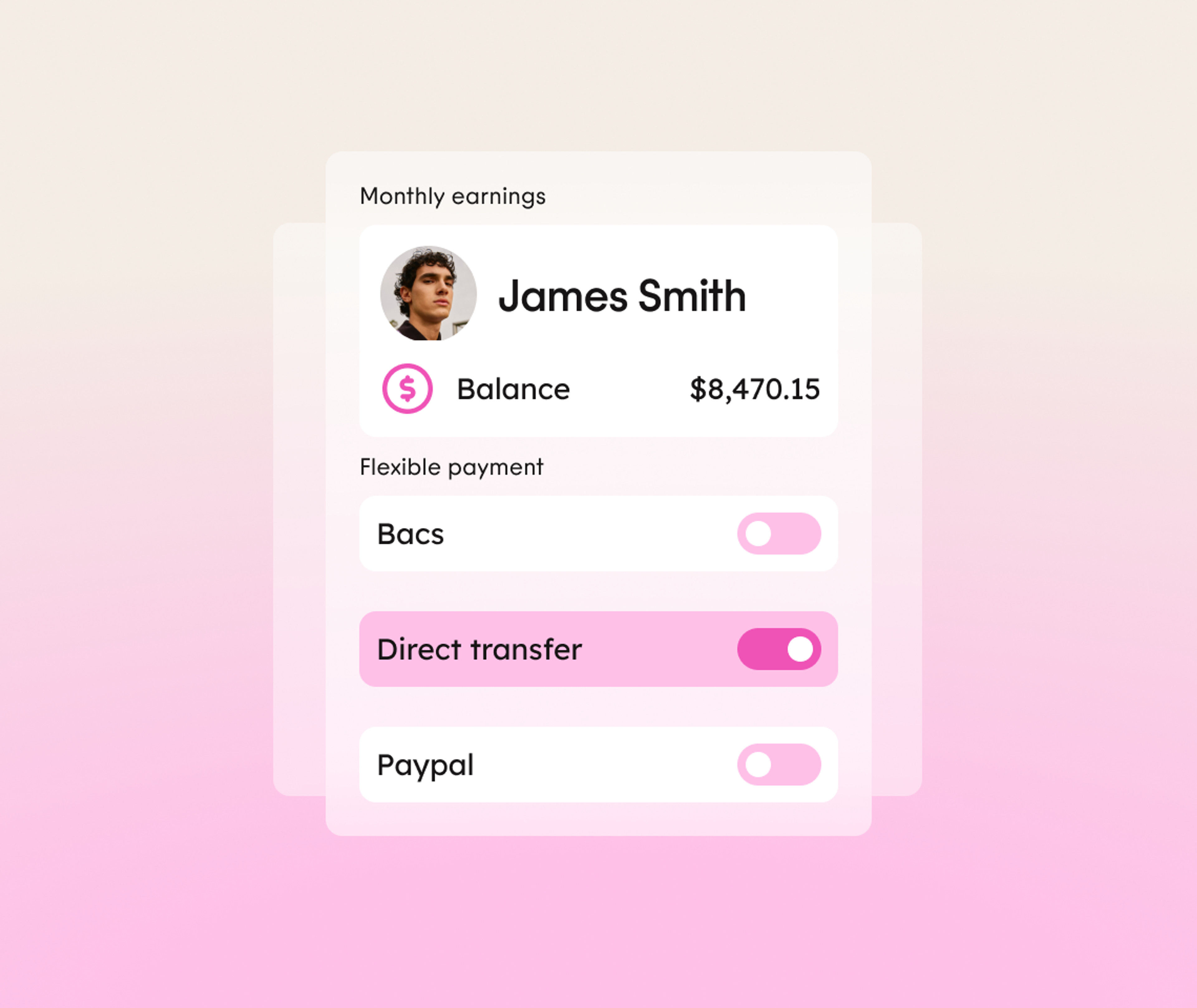 A digital dashboard shows James Smith, balance $8,470.15, and payment options: Bacs, Direct transfer (selected), and Paypal. The design uses white and pink tones.