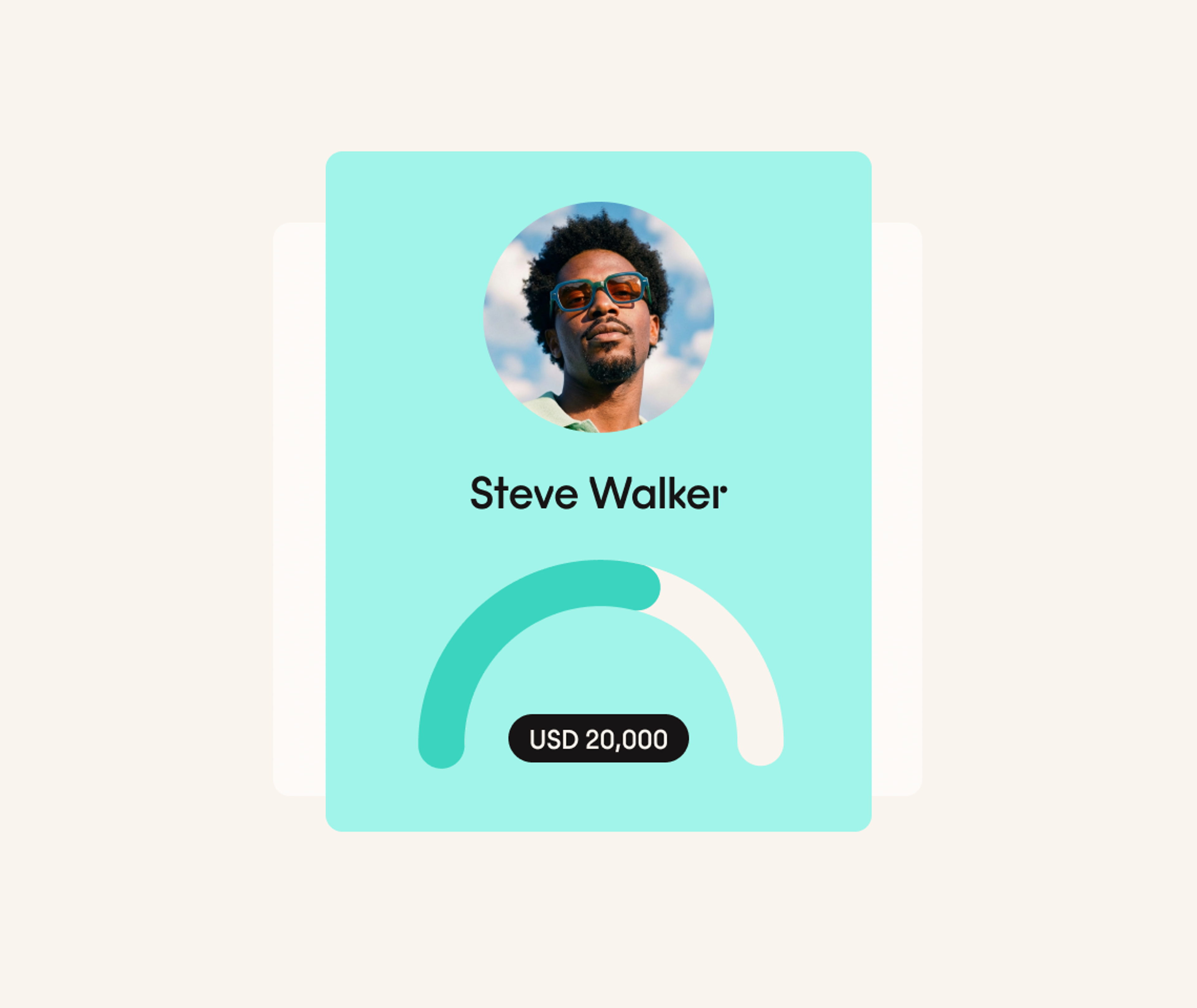 Profile card with a photo of a person wearing sunglasses, name Steve Walker, a curved progress bar, and a label below showing USD 20,000 on a light blue background.