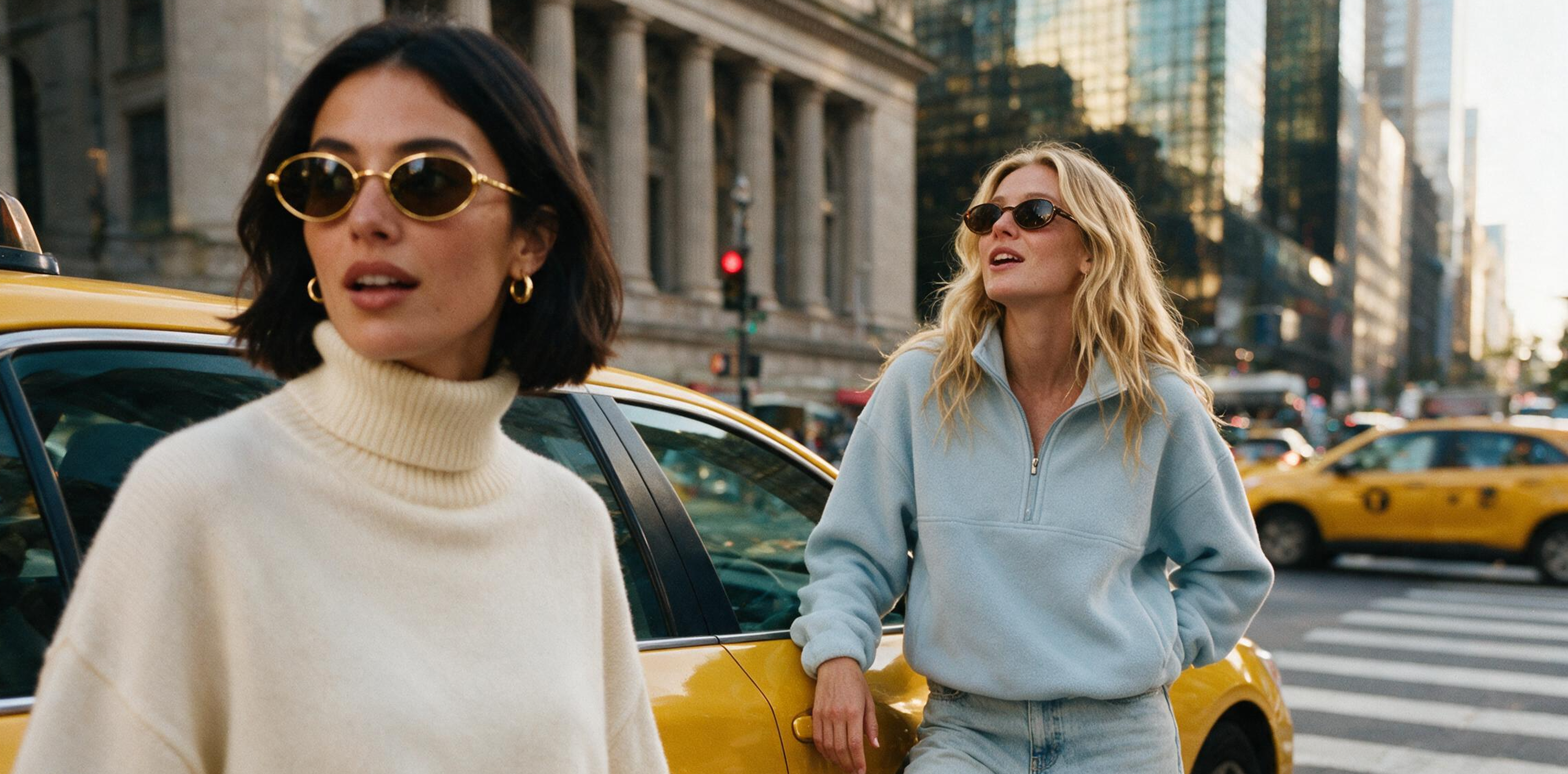 Two women in casual outfits and sunglasses stand near a yellow taxi on a city street, with tall buildings and more taxis in the background.
