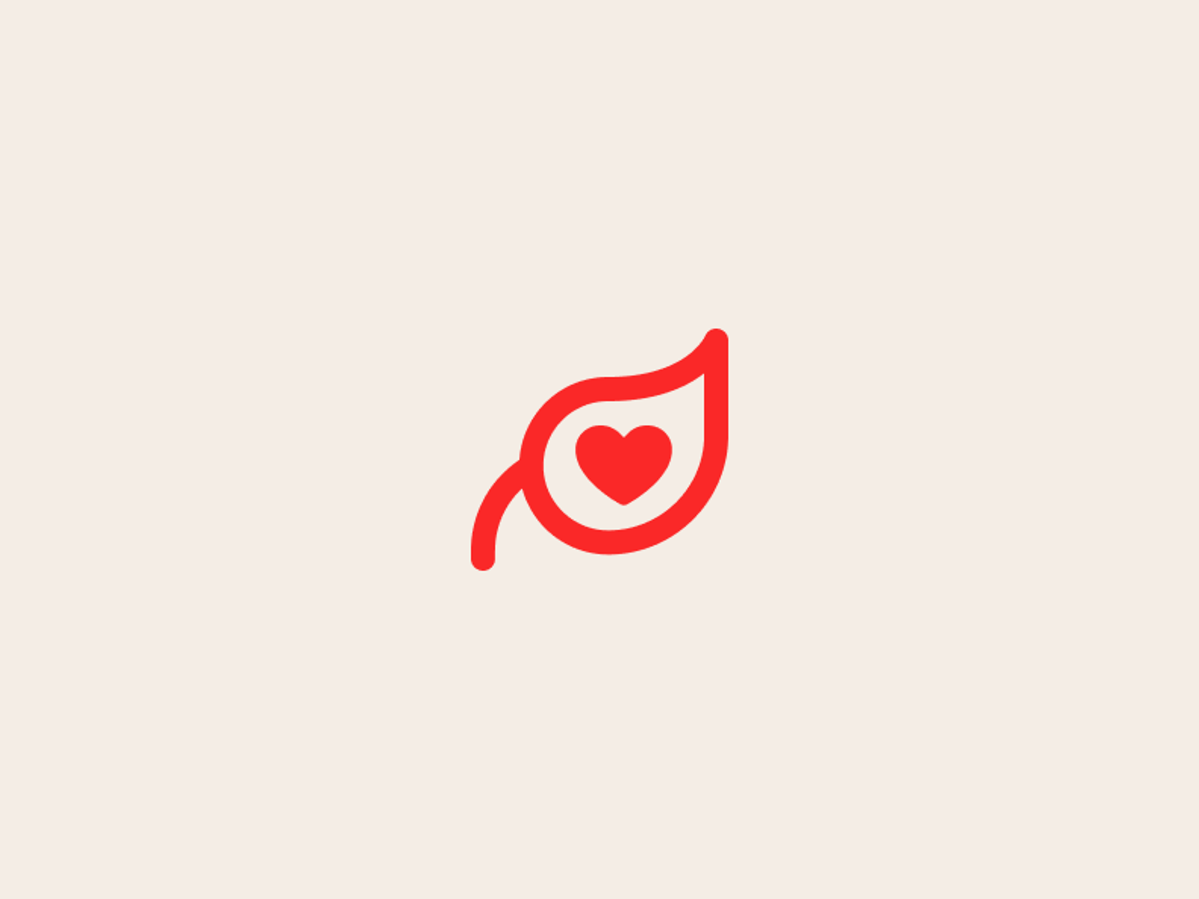 A simple red line drawing of a leaf with a heart shape in the center, on a light beige background.