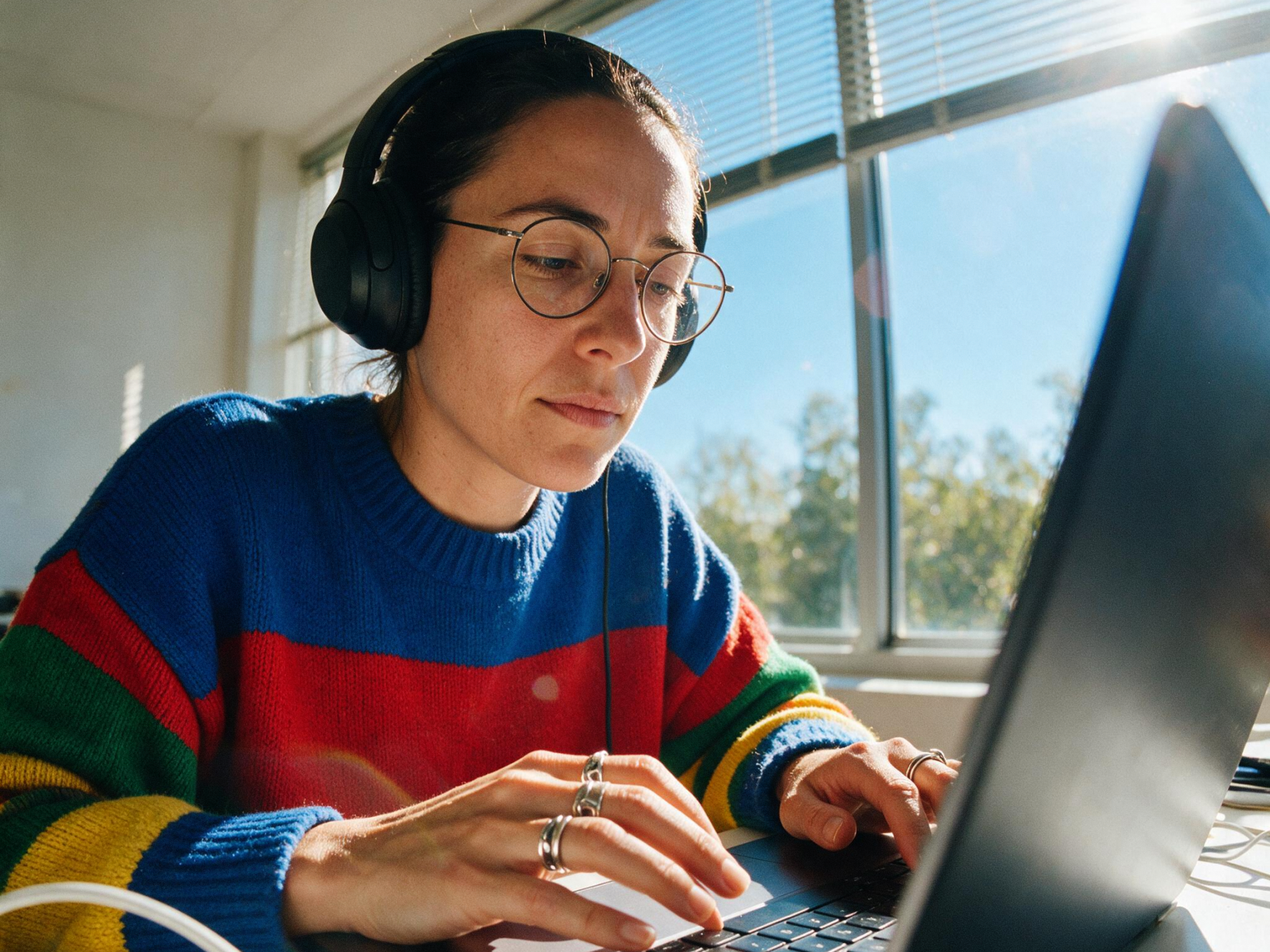 A person wearing headphones and glasses types on a laptop in a bright room with large windows. They are wearing a colorful striped sweater and several rings. Sunlight streams in, and green trees are visible outside the window.
