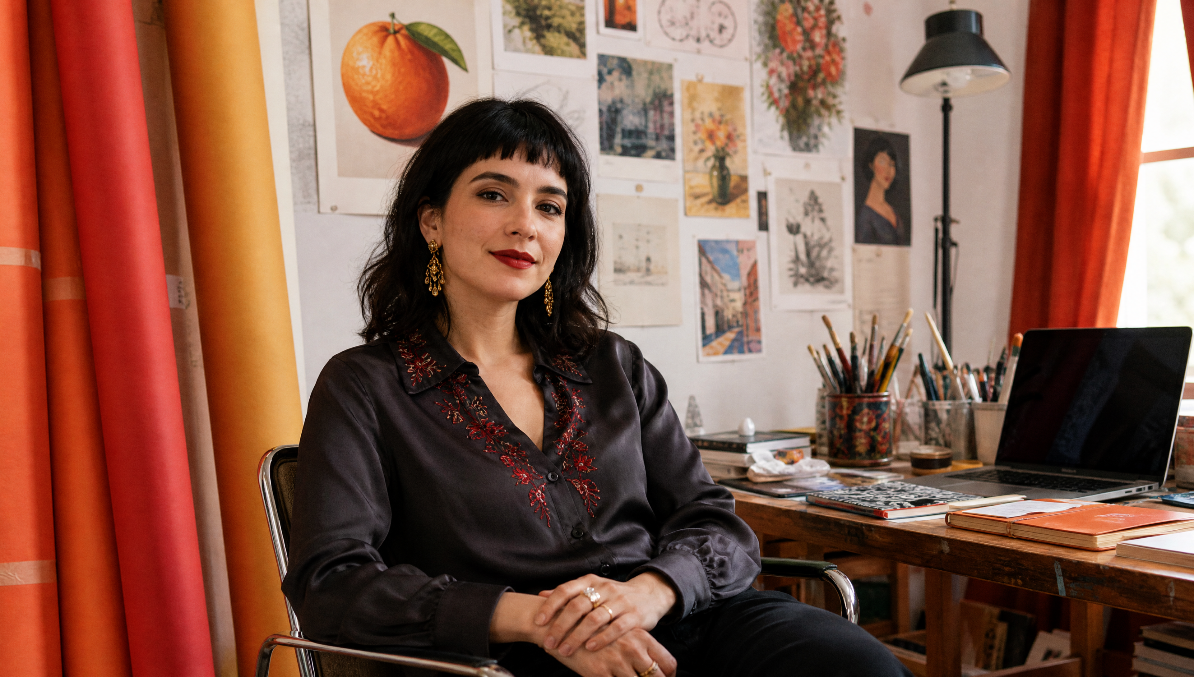 A woman with dark hair and red lipstick sits in a studio with art supplies, a laptop, and colorful artwork on the walls behind her.