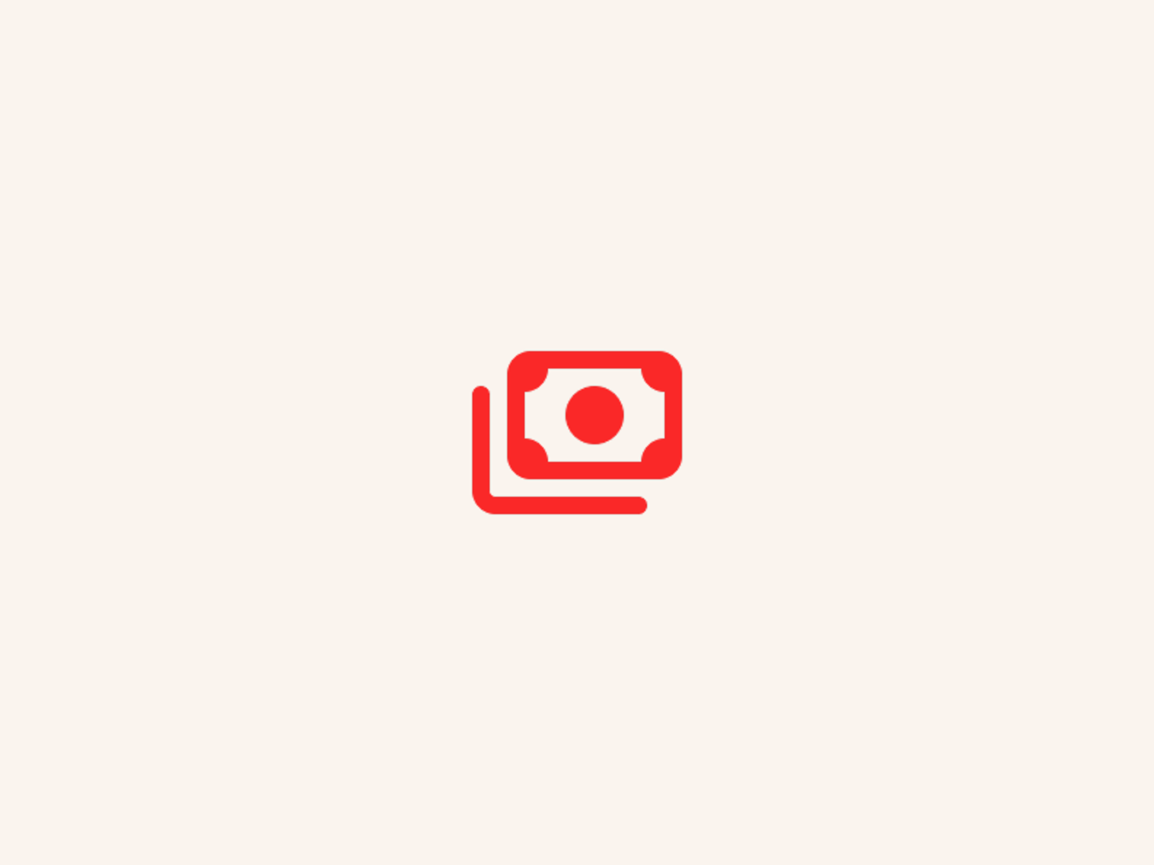 A red icon of a paper bill with a dot in the center, surrounded by a thin curved line forming a partial circle on a light beige background.