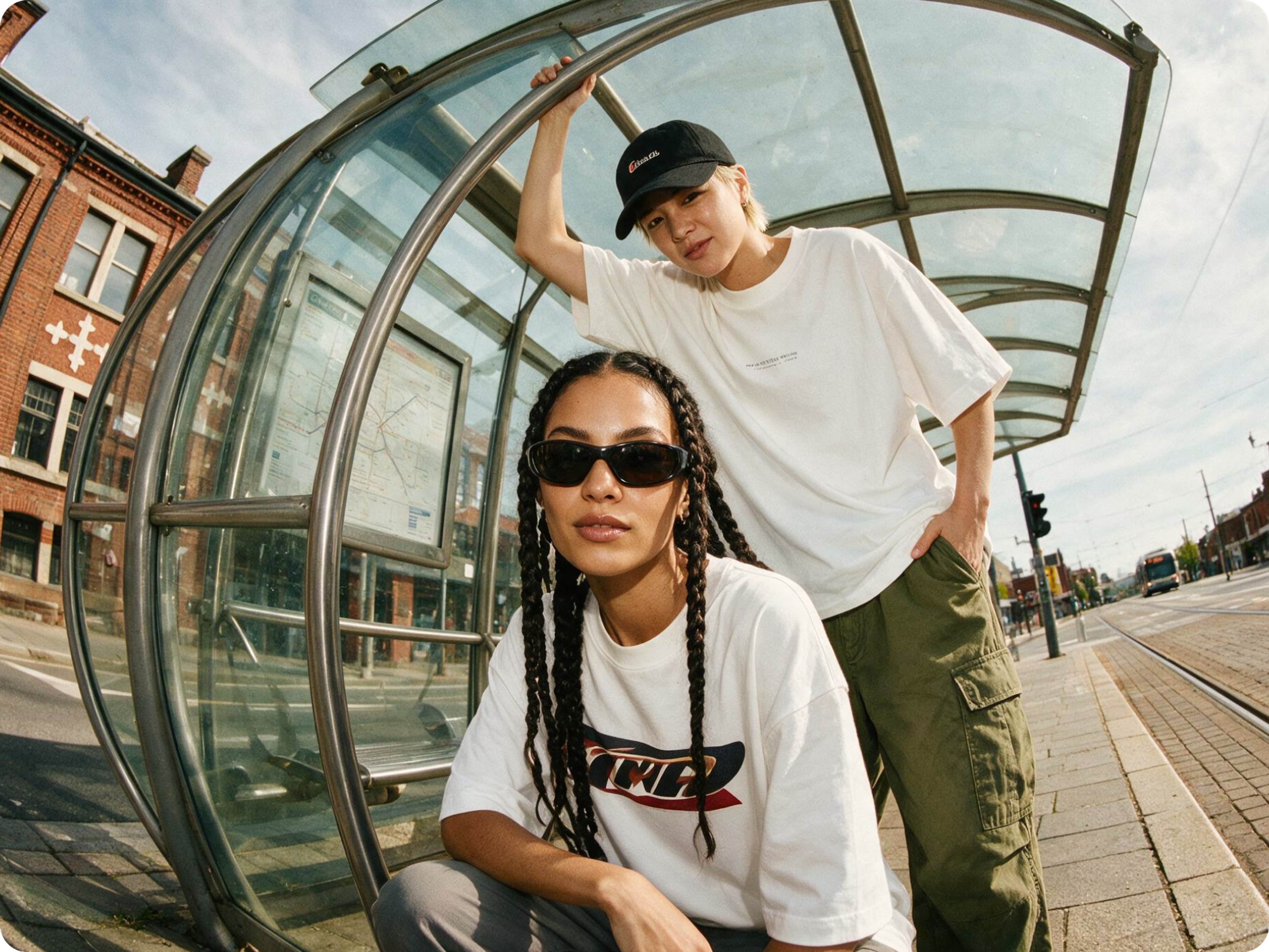 Two people pose at a glass bus stop; one squats wearing sunglasses and braids, the other stands behind, hand on the shelter, in casual white tops and pants. Urban buildings and tram tracks are visible in the background.