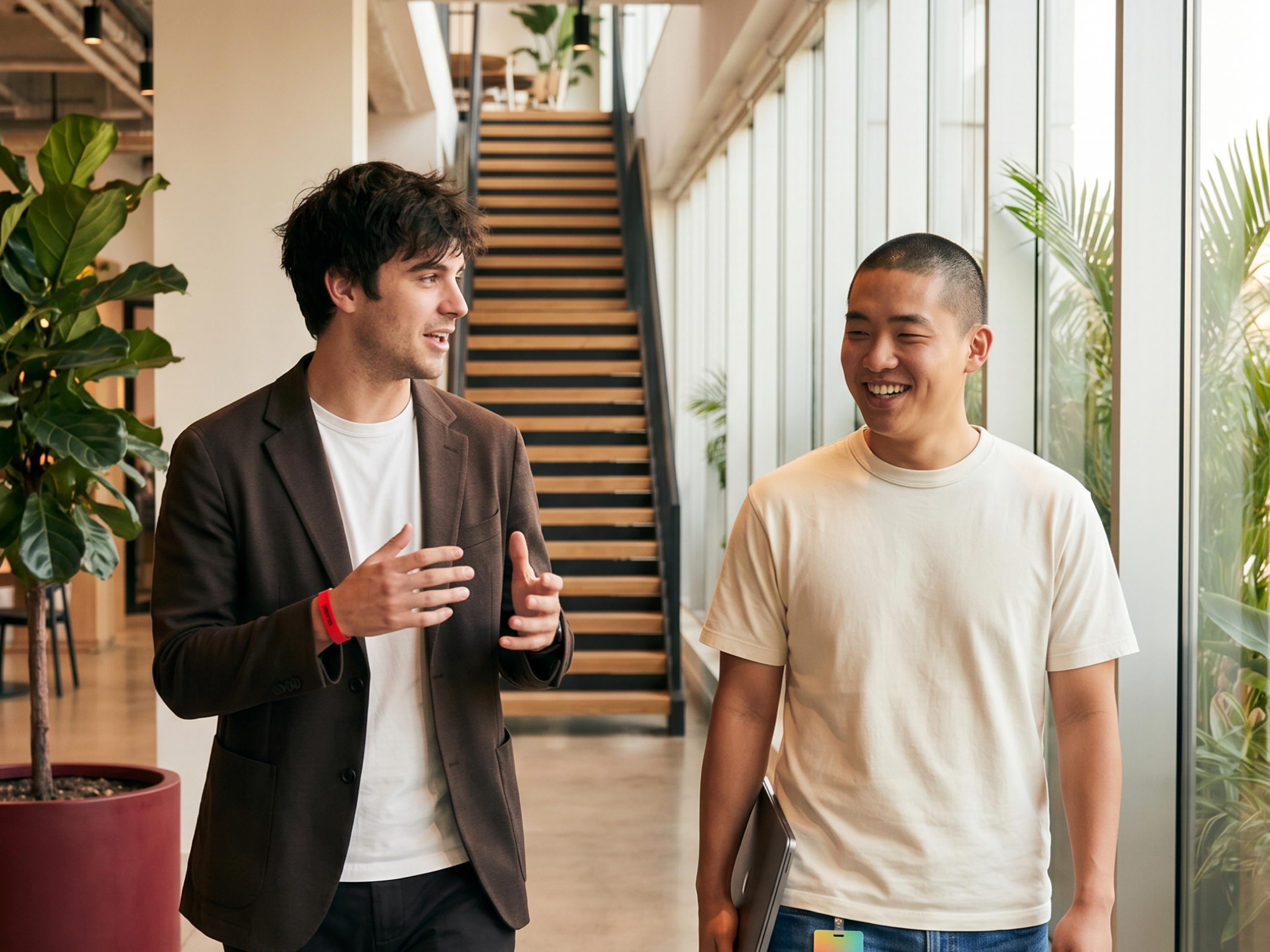 Two young men walk and talk in a modern office hallway. One wears a casual blazer, the other a T-shirt and holds a laptop, both smiling with large windows and plants around them.
