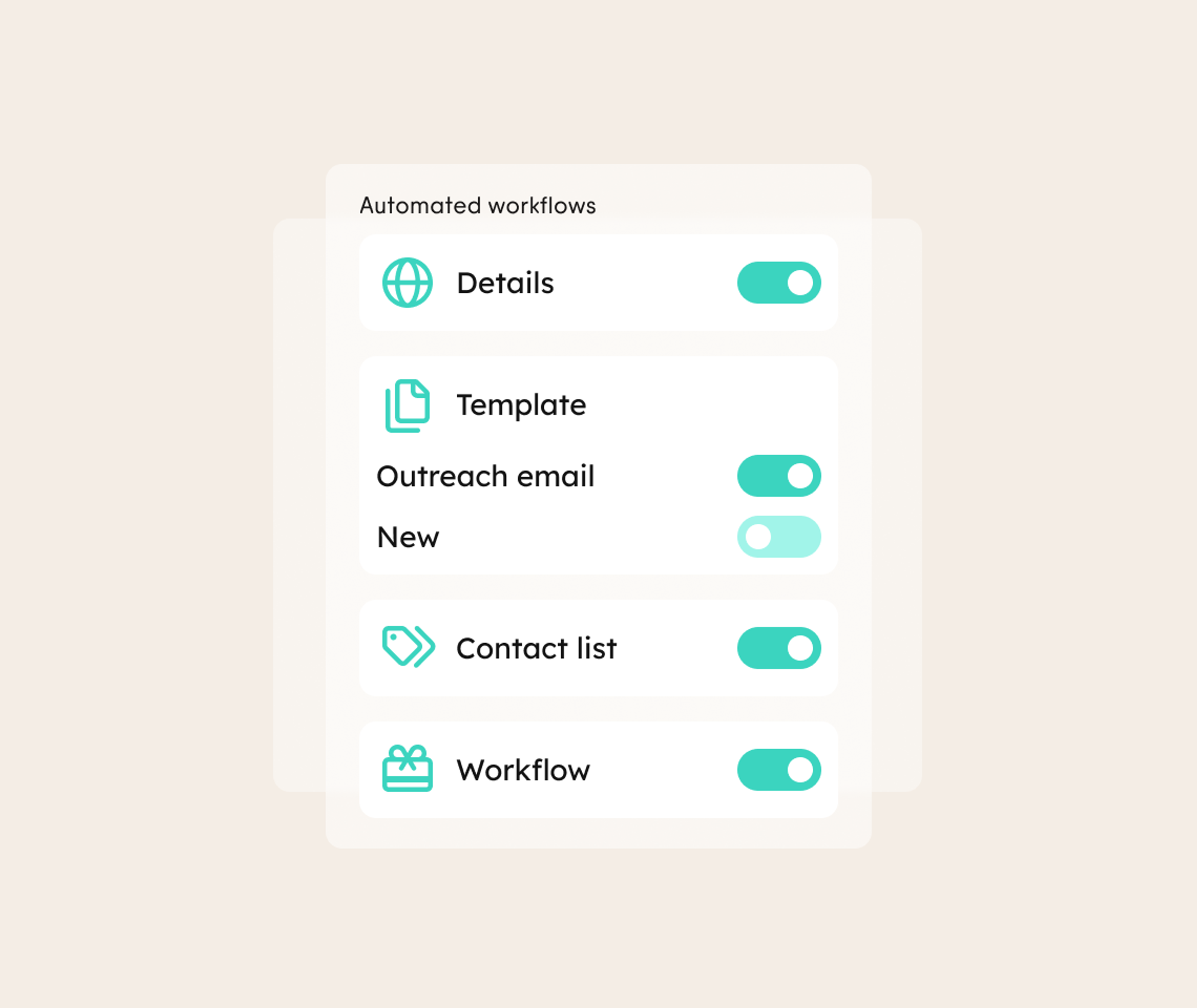 A digital interface shows an Automated workflows menu with toggles for Details, Template, Outreach email, New, Contact list, and Workflow, all switched on.
