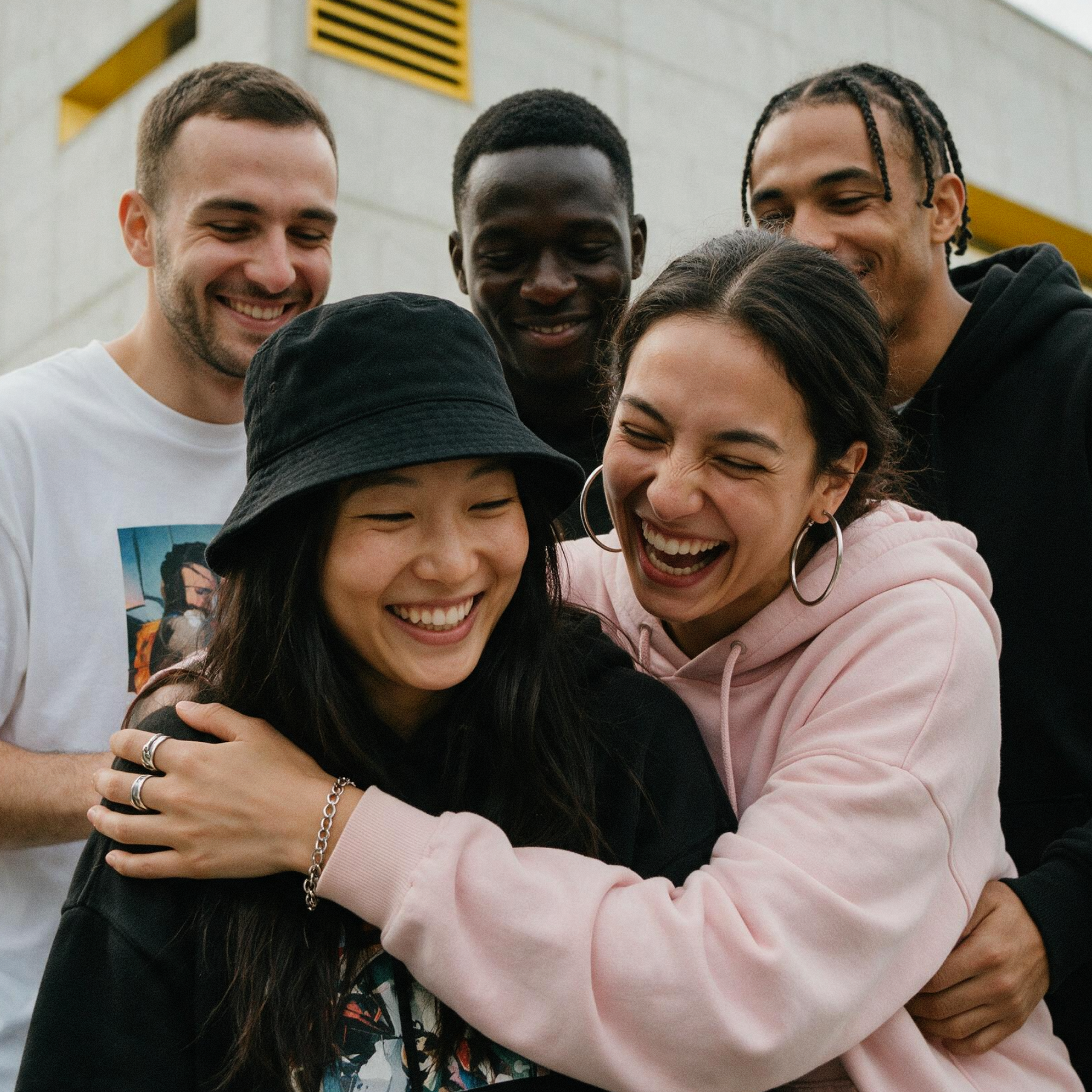 Five friends stand close together outdoors, smiling and laughing. One woman in a black bucket hat is being hugged from behind by another woman in a pink hoodie. The group appears happy and relaxed.
