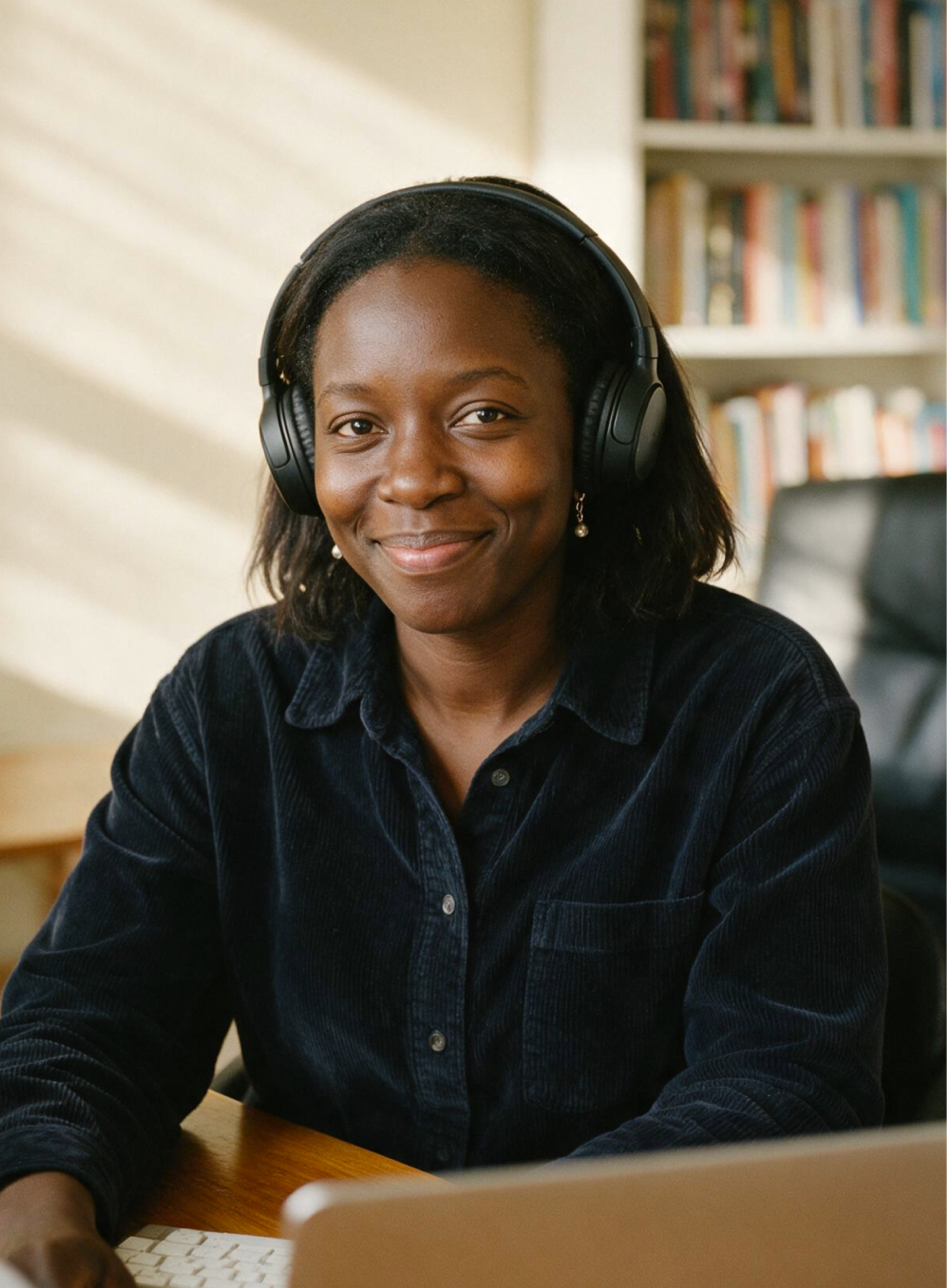 A woman wearing headphones and a navy shirt smiles at the camera while sitting at a desk with a computer. Bookshelves are visible in the background.