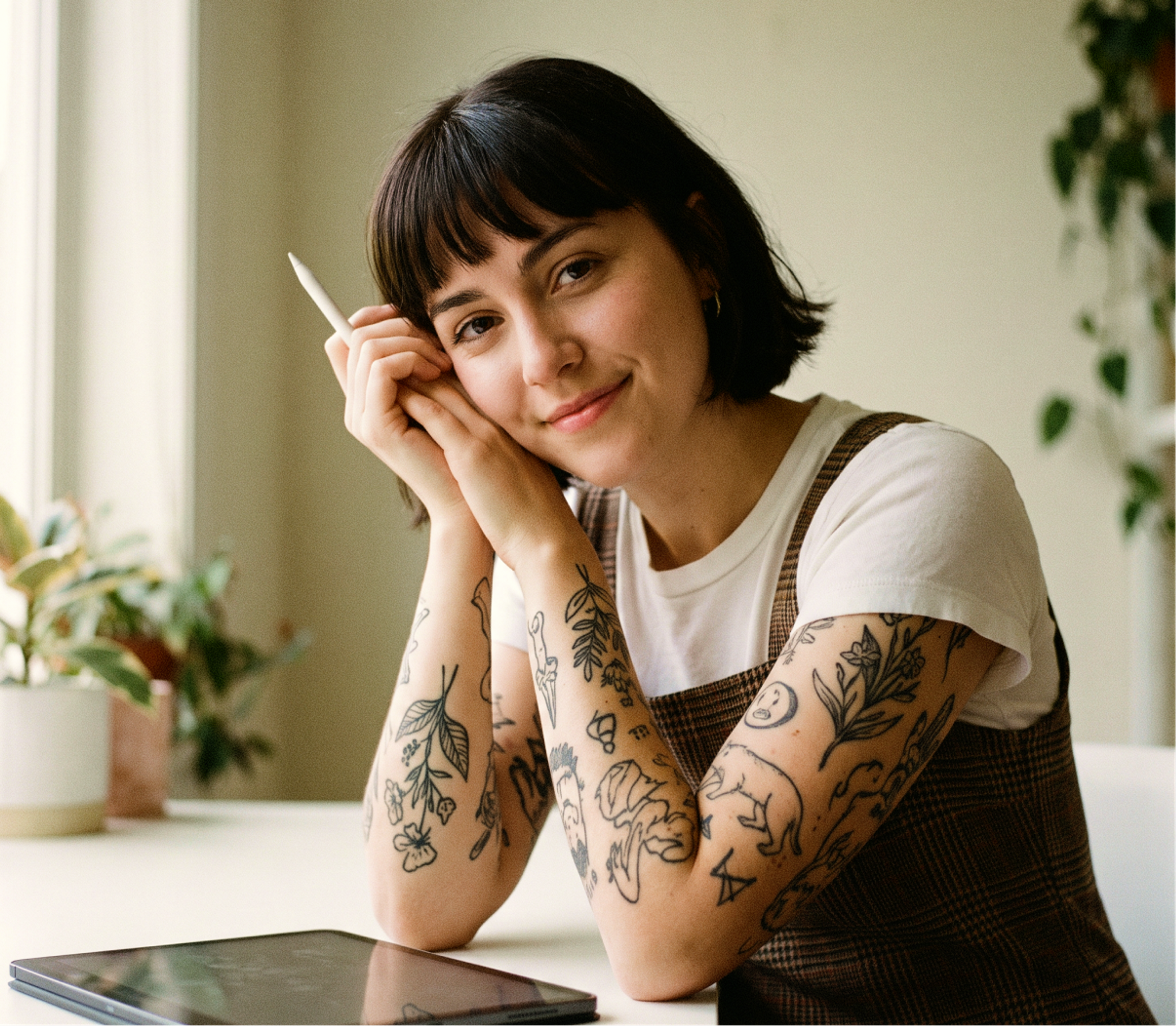 A person with short dark hair and tattooed arms smiles while sitting at a table, holding a stylus. A tablet and potted plants are nearby, and soft daylight fills the room.