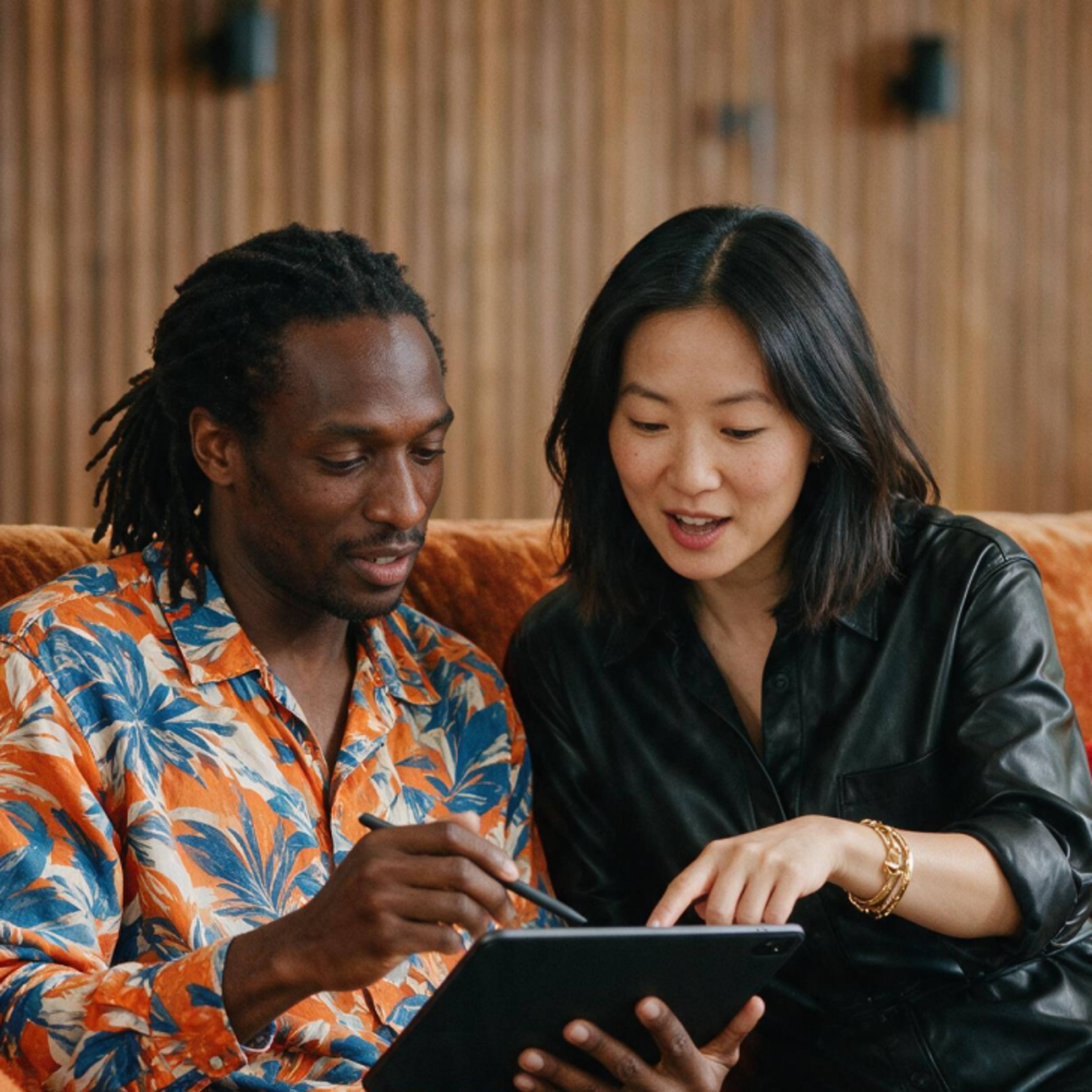 Two people sit on a couch, looking at and discussing something on a tablet. One wears a colorful floral shirt, and the other wears a black shirt. They appear focused and engaged in conversation.
