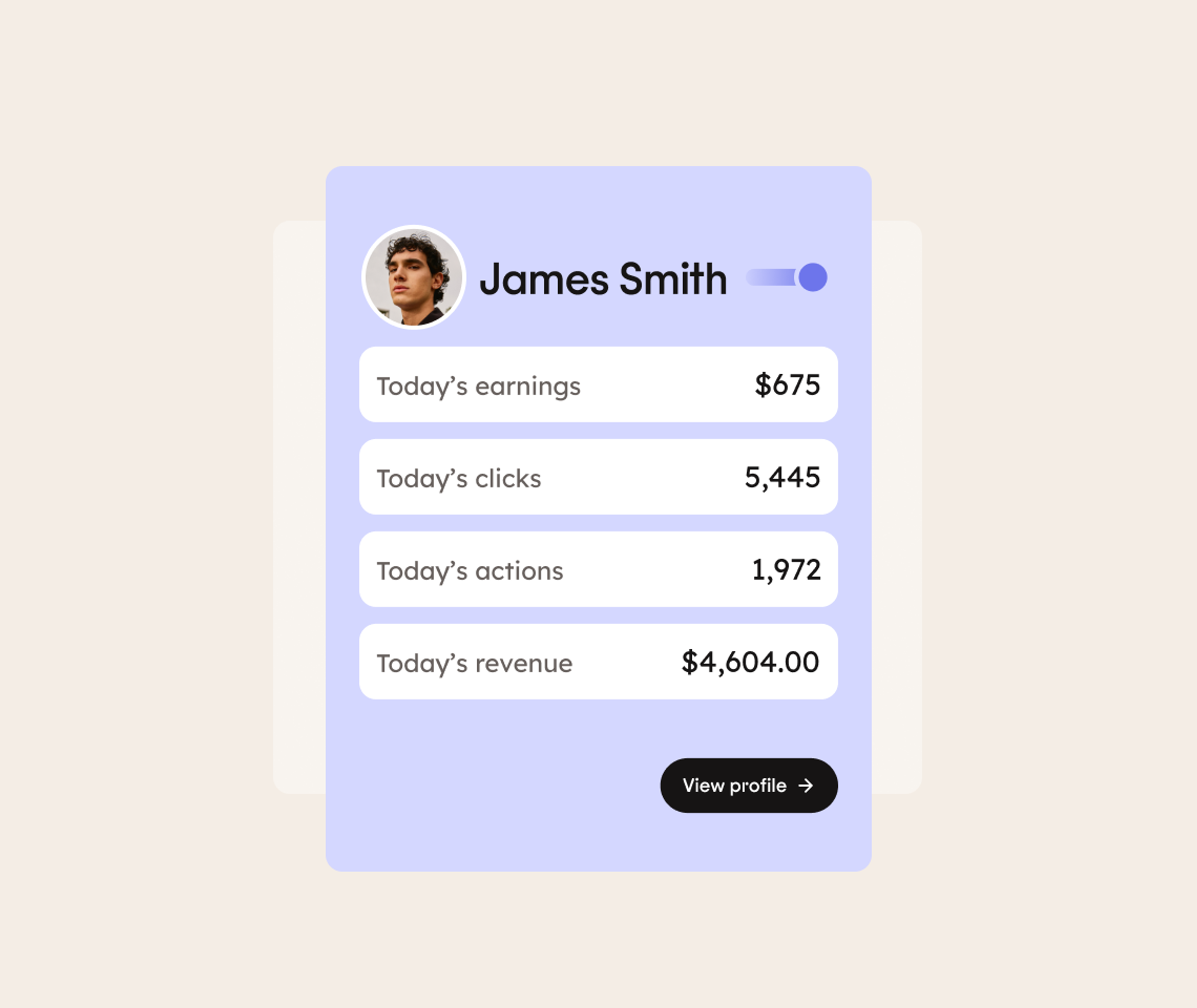 Profile card for James Smith showing a photo, earnings ($675), clicks (5,445), actions (1,972), and revenue ($4,604.00). A View profile button is at the bottom. Light purple and white design.