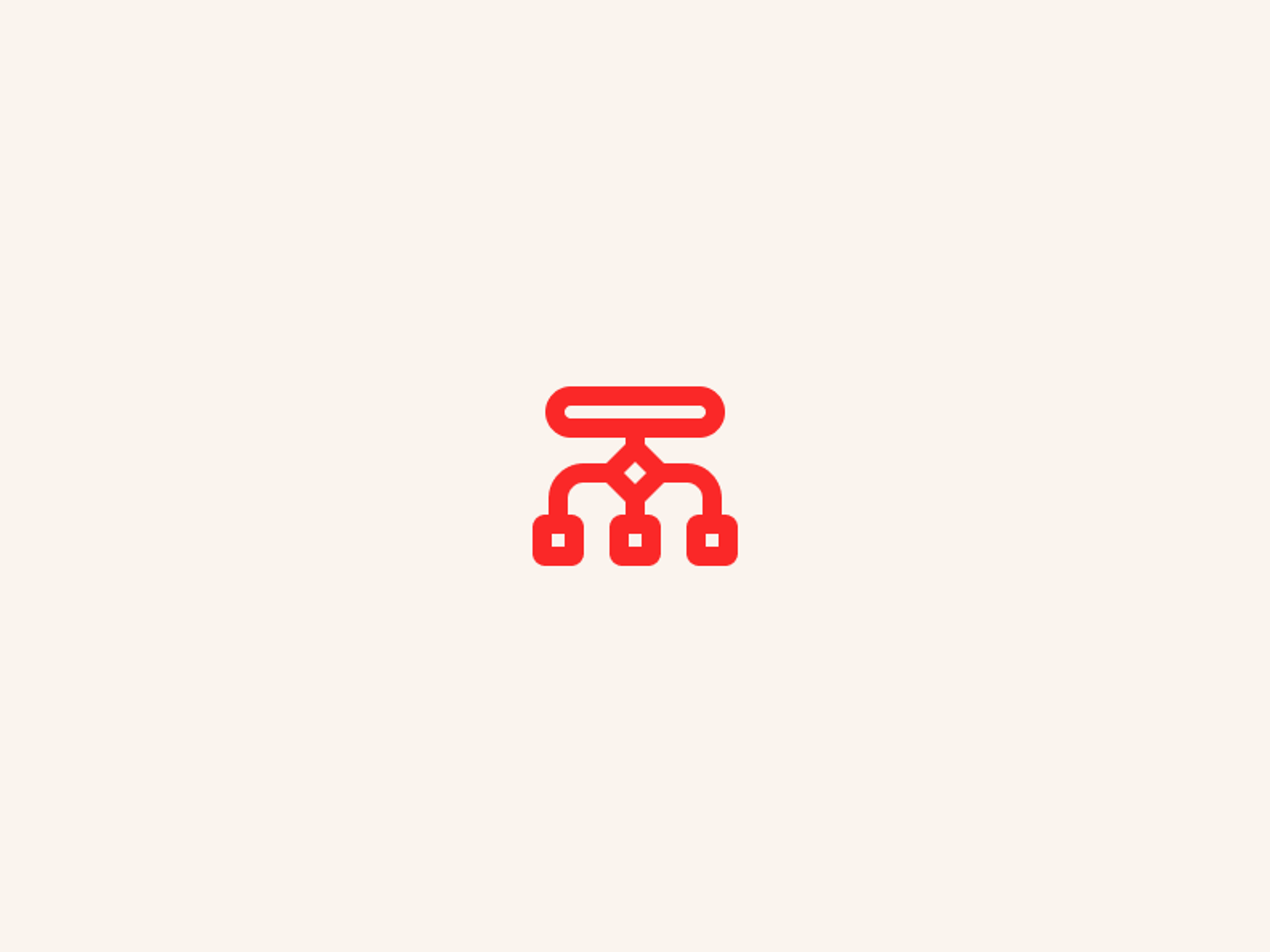 A minimal red icon of an organizational flowchart with one top node connected to three lower nodes, on a light beige background.