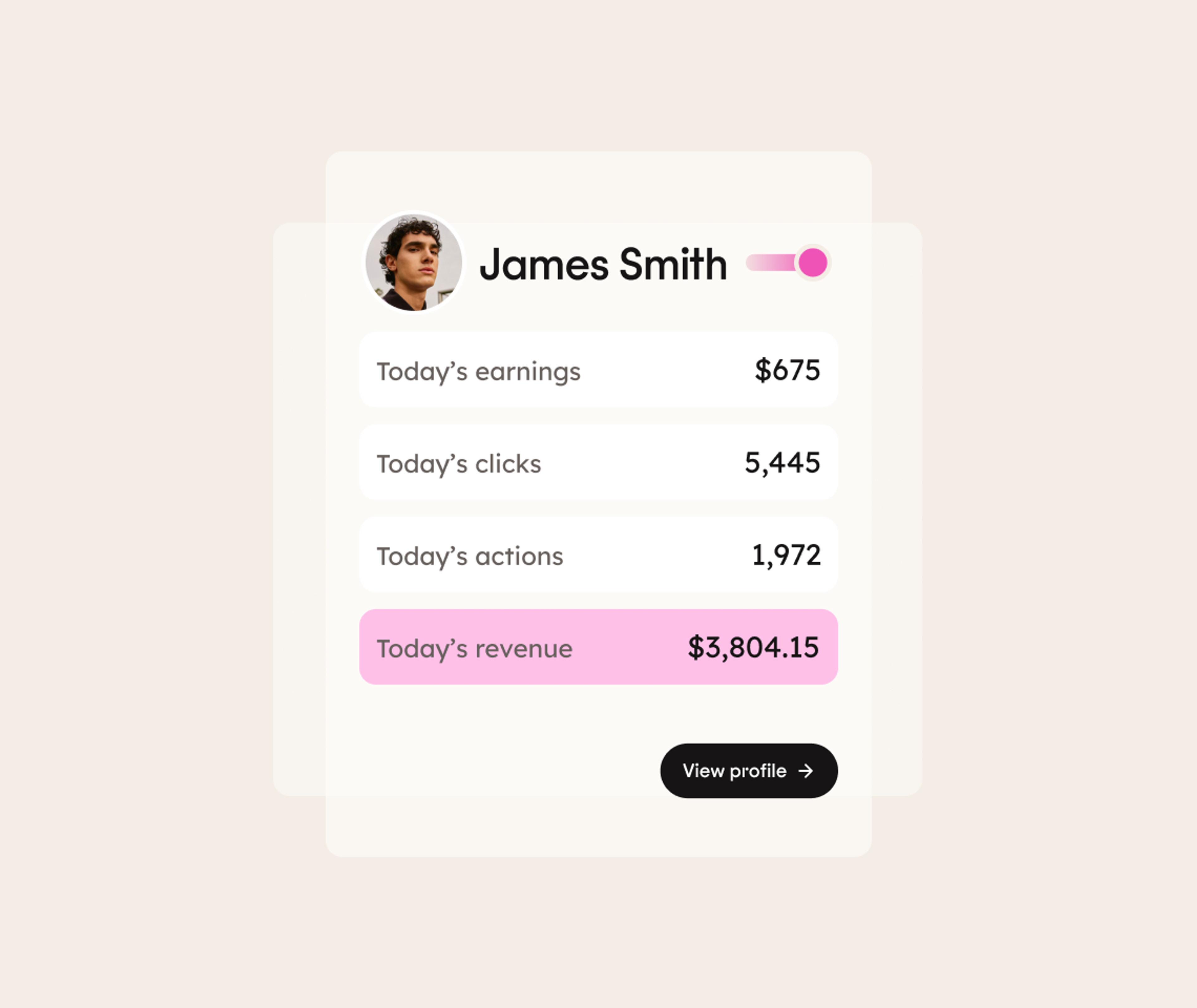 Profile card for a user showing earnings, clicks, actions, and revenue. Values: $675 earnings, 5,445 clicks, 1,972 actions, $3,804.15 revenue. A profile photo and a View profile button are visible.