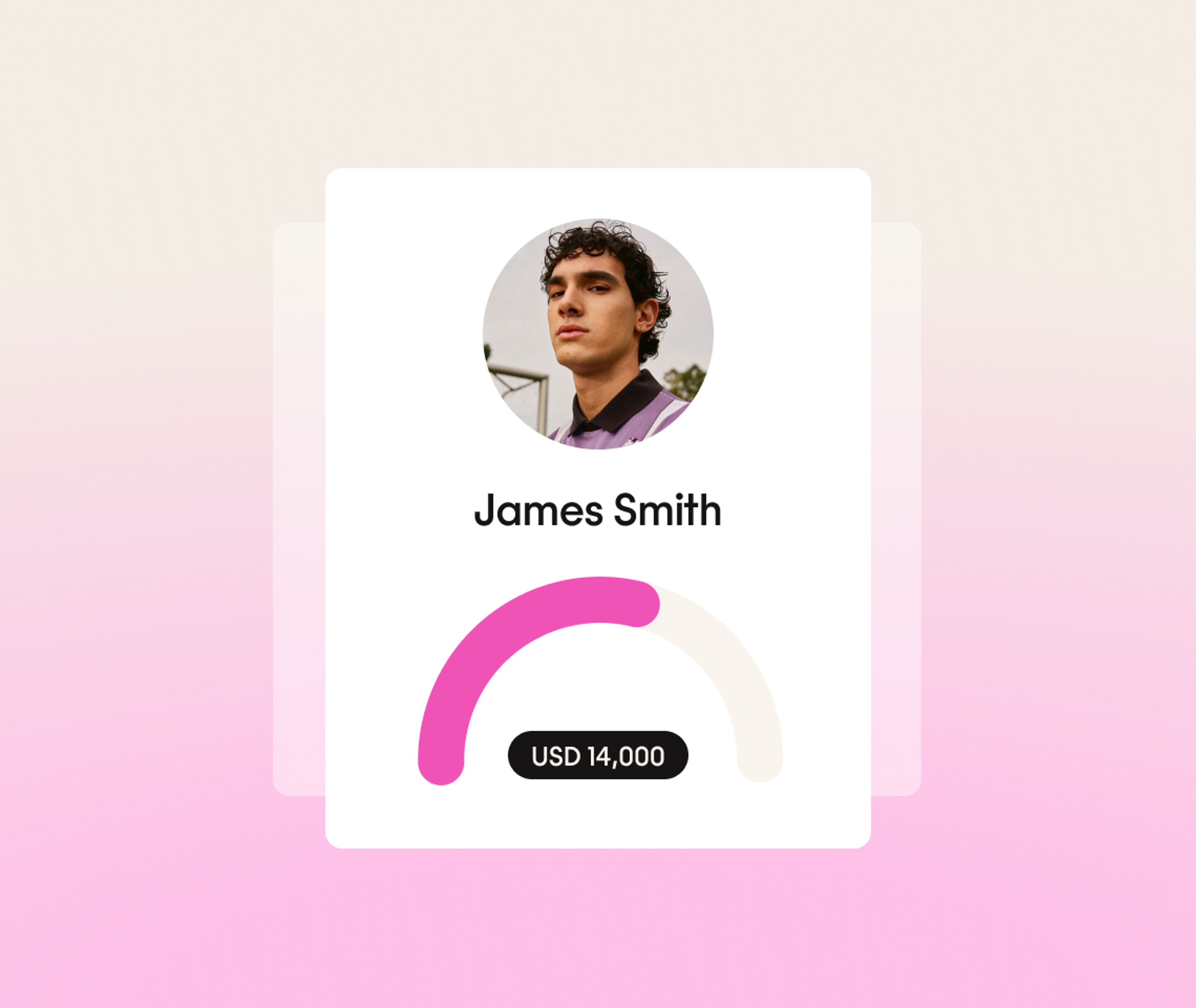 Profile card showing a young mans photo, name James Smith, a semi-circular pink progress bar, and a black label displaying USD 14,000 on a pink gradient background.