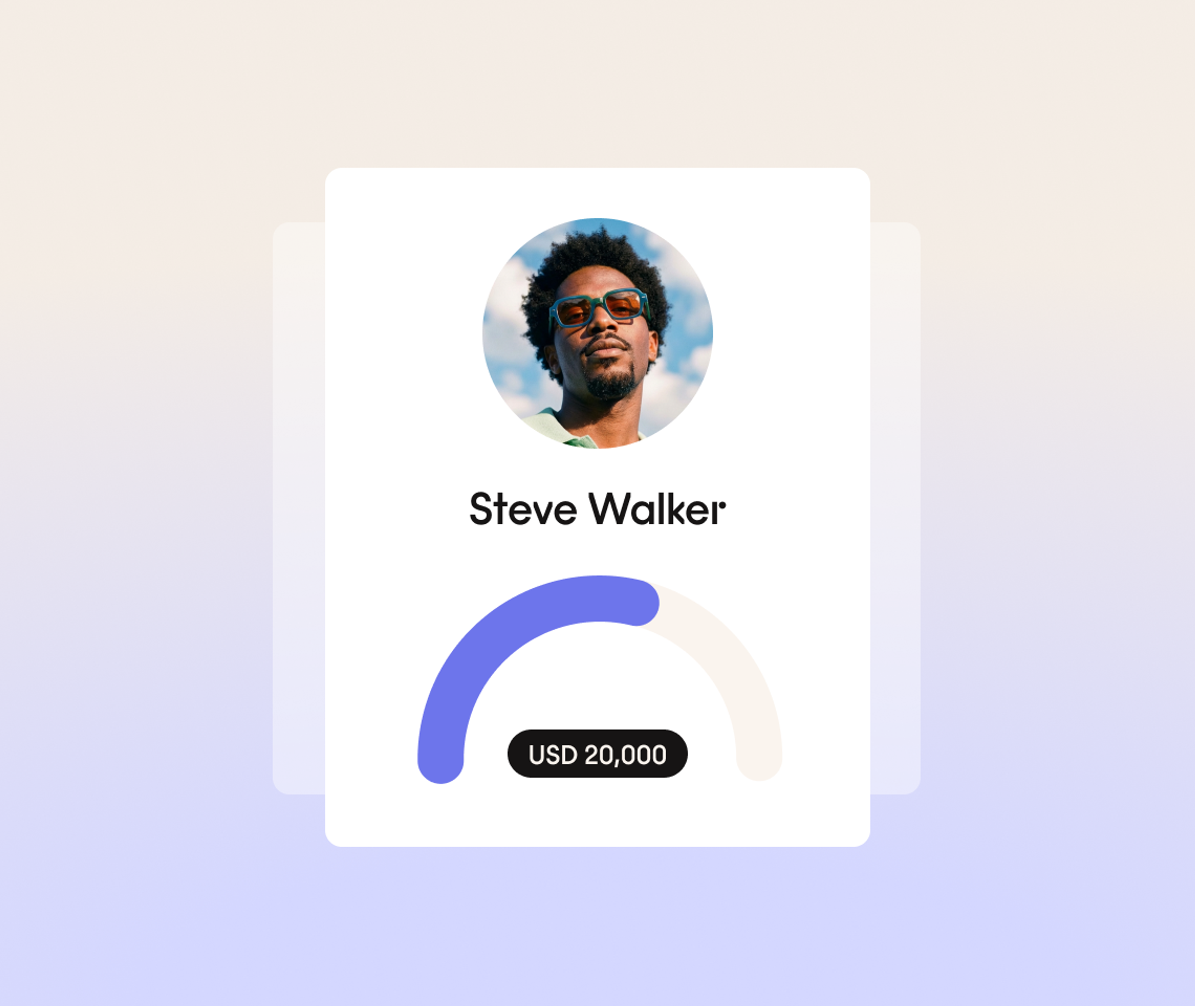 Profile card showing a man wearing sunglasses, named Steve Walker, with a semi-circular progress bar and a label displaying USD 20,000.