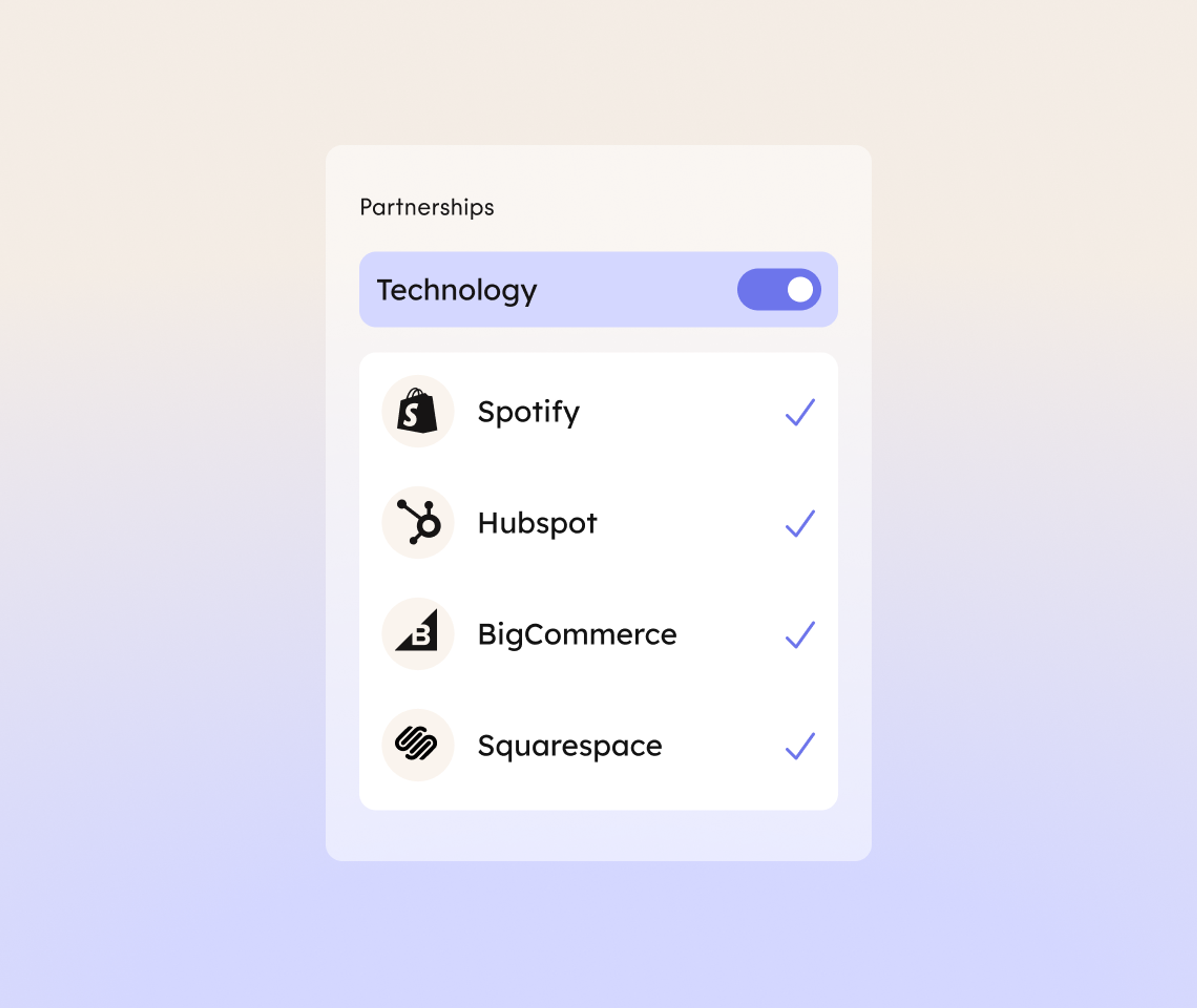 A UI panel labeled Partnerships shows a toggled-on Technology section listing Shopify, Hubspot, BigCommerce, and Squarespace, each with an icon and a blue checkmark.