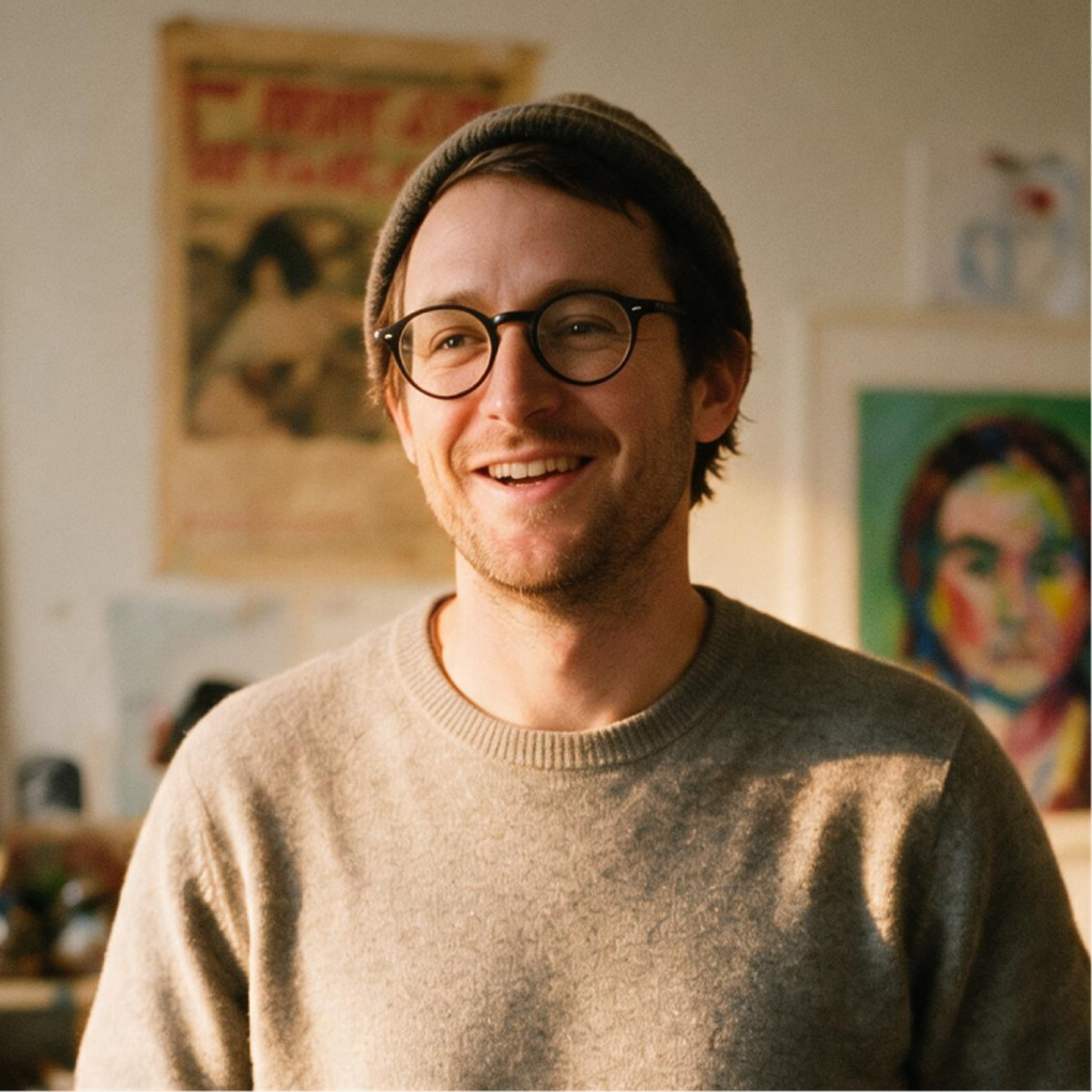A smiling man with glasses and a beanie, wearing a grey sweater, stands indoors with artwork and posters on the wall behind him.