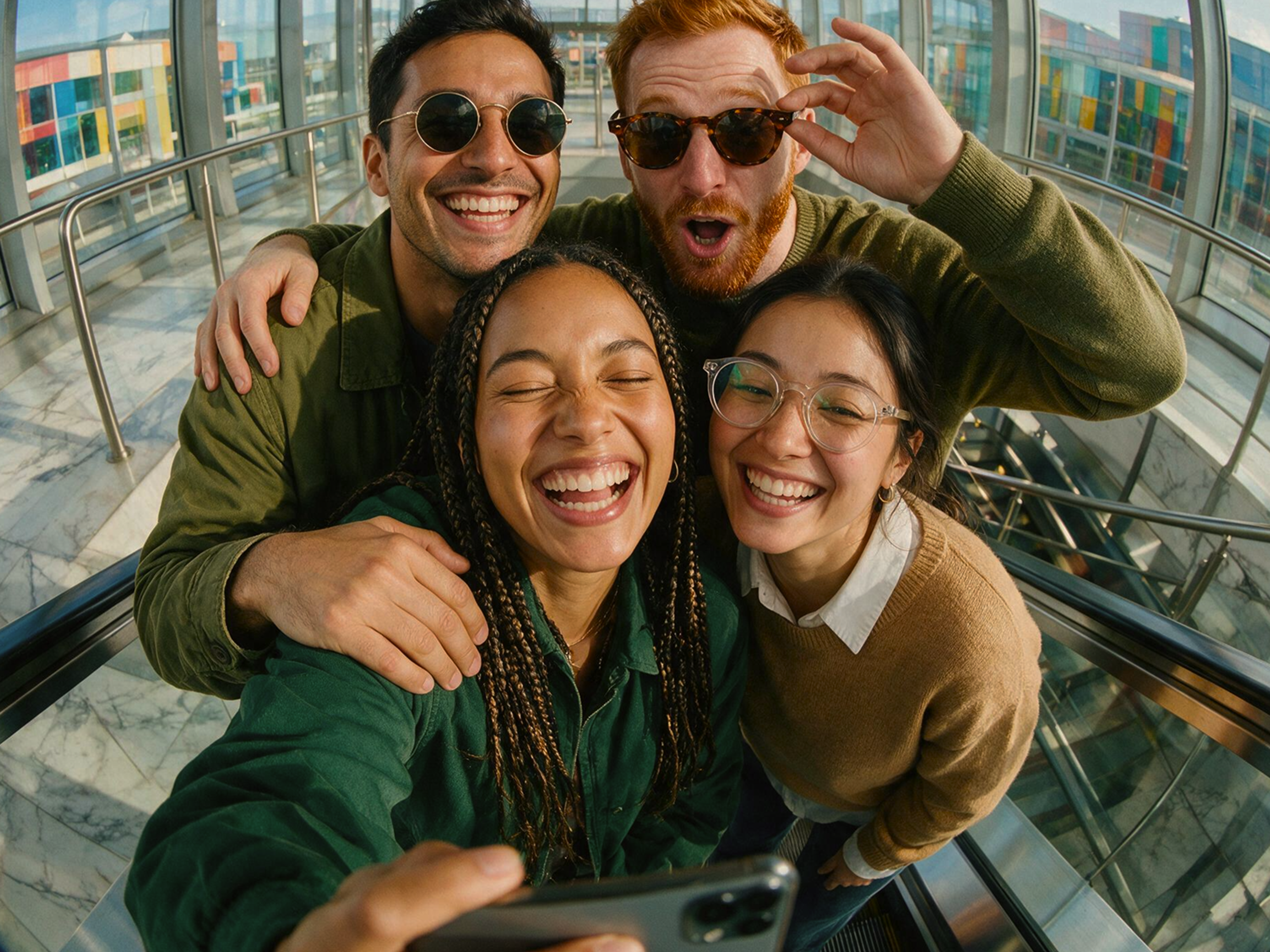 Four friends smile and pose for a selfie in a bright, modern indoor space with glass walls. Two hold each others shoulders, one adjusts sunglasses, and they all appear happy and cheerful.