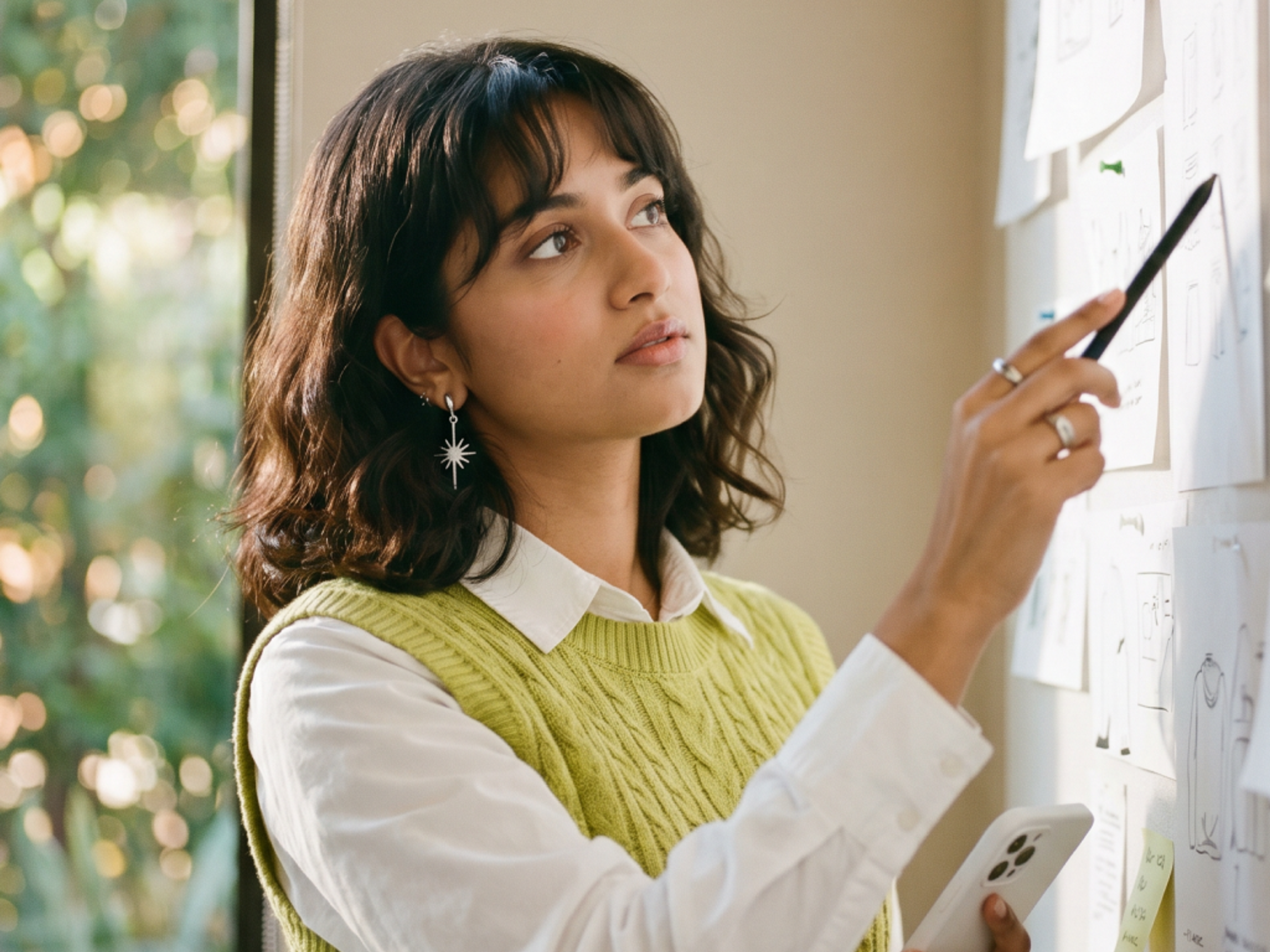 A woman with wavy hair and star-shaped earrings points at sketches on a wall with a pen while holding a smartphone, standing near a sunlit window.
